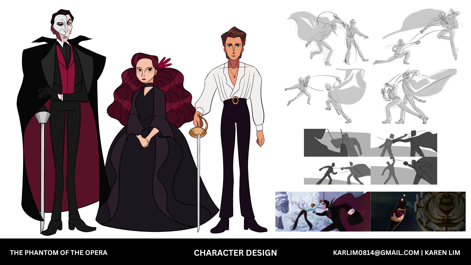 Sketches of three characters for Phantom of the Opera in colour, sketches of fights in motion to the right.