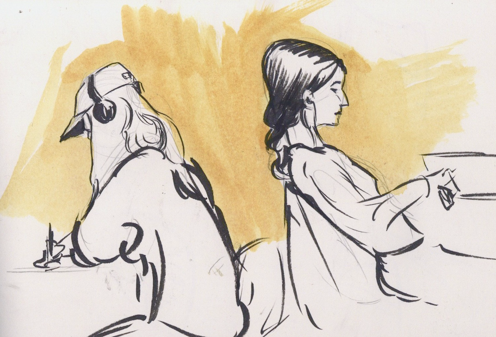 Illustration of two characters, one with long hair, cap and headphones and the other sat up straight with dark hair, yellow background.