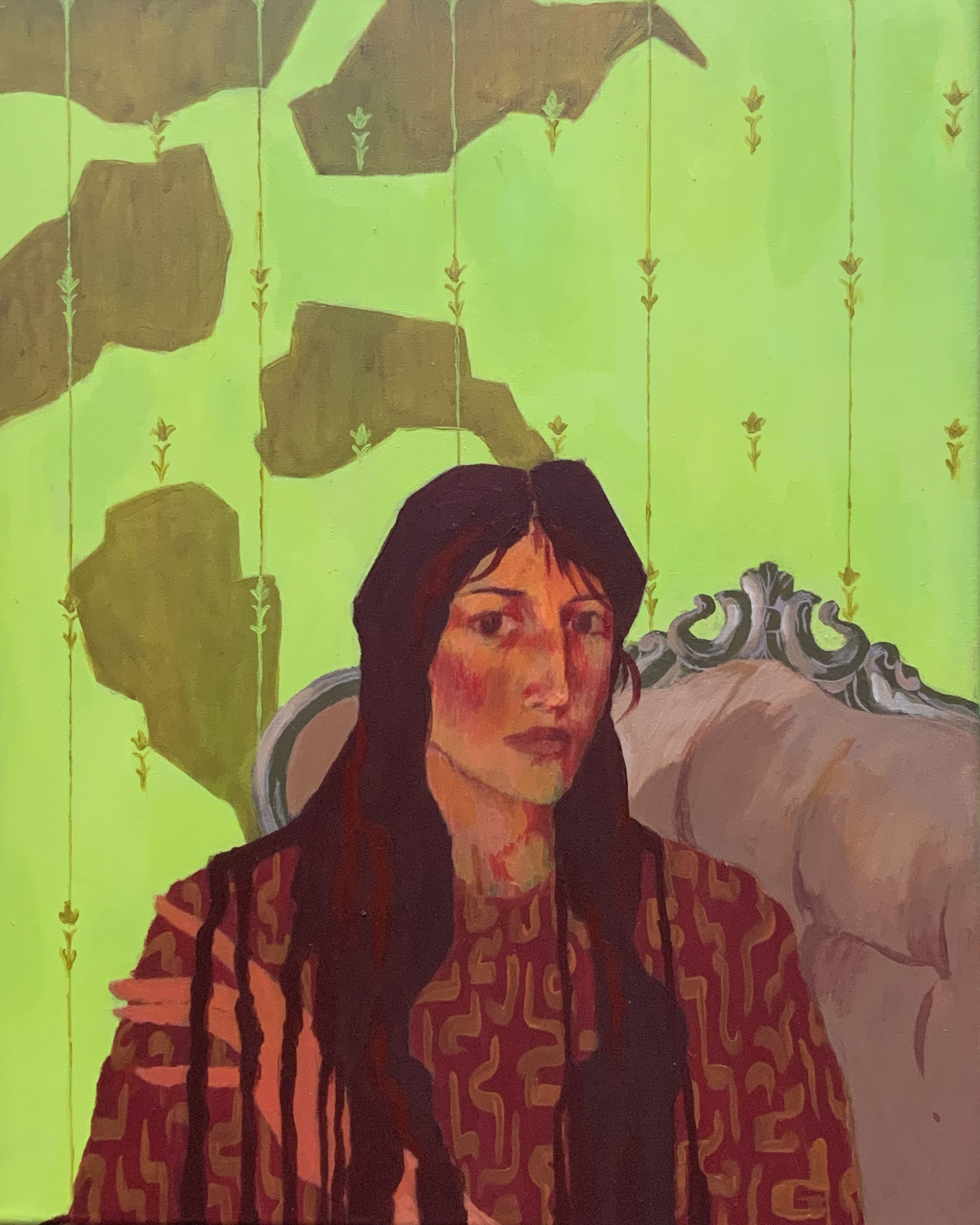 Detailed illustration of character wearing red dress with long dark hair, sat on a seat, green wallpaper background.