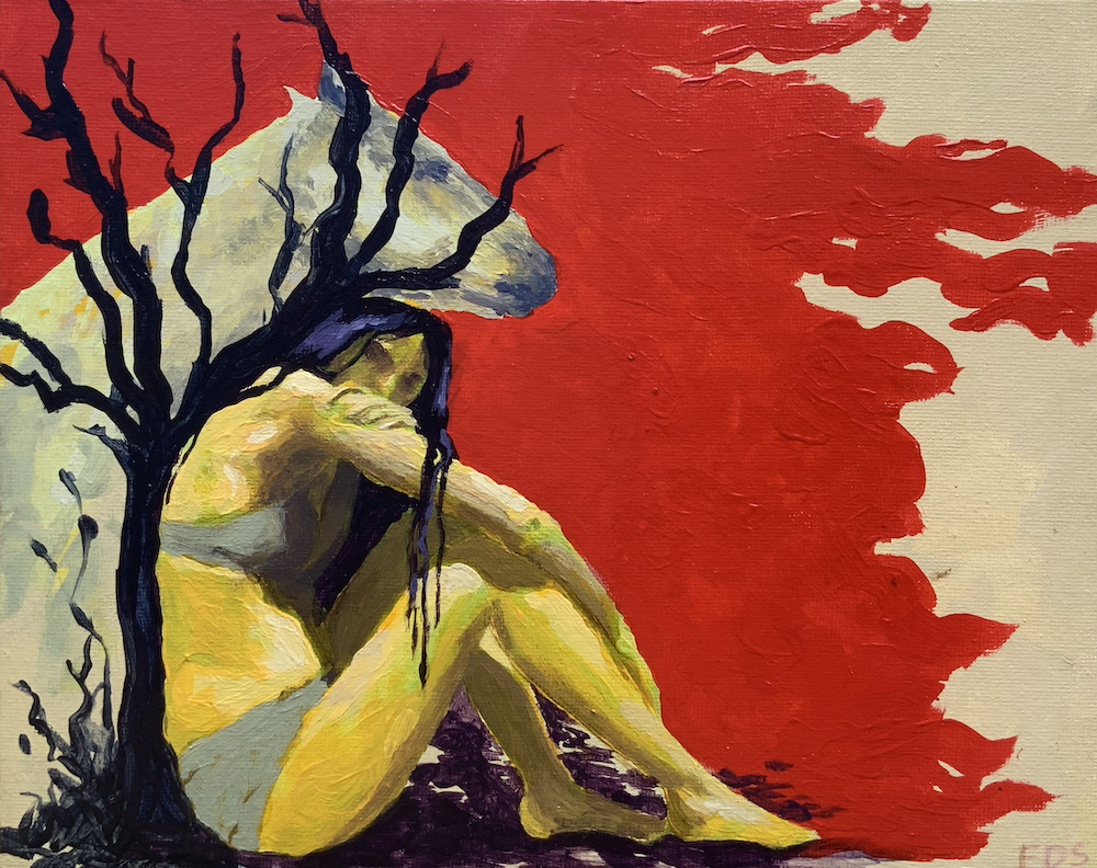 Abstract illustration of person with yellow skin crouched with dark hair, dark tree and white horse curving above them, red background.