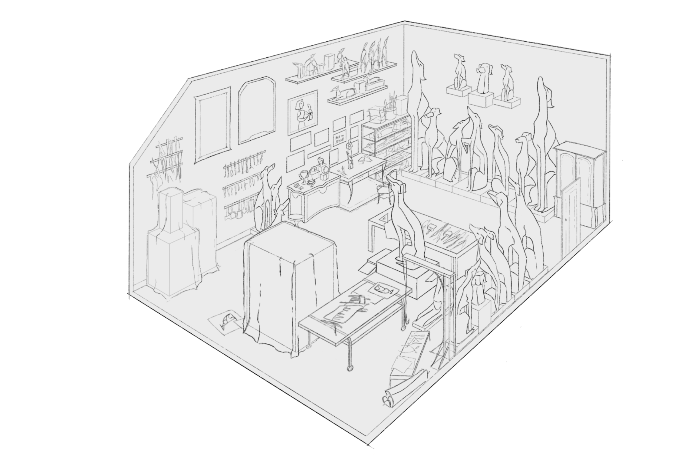 Sketch of an interior space, featuring desks and large sculptures of tall dogs, white background.