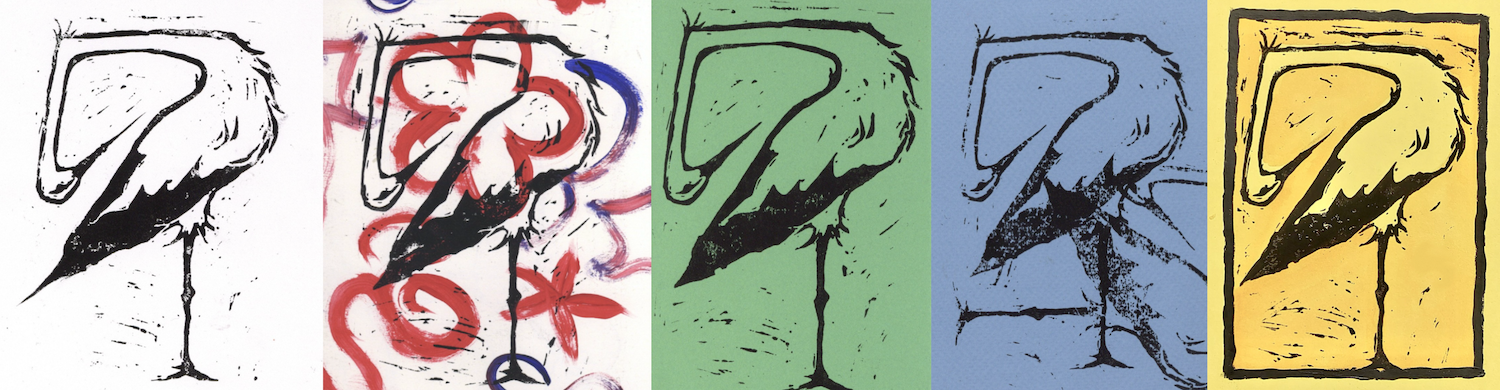 Abstract illustration of bird with neck craned downwards, five versions with different background.