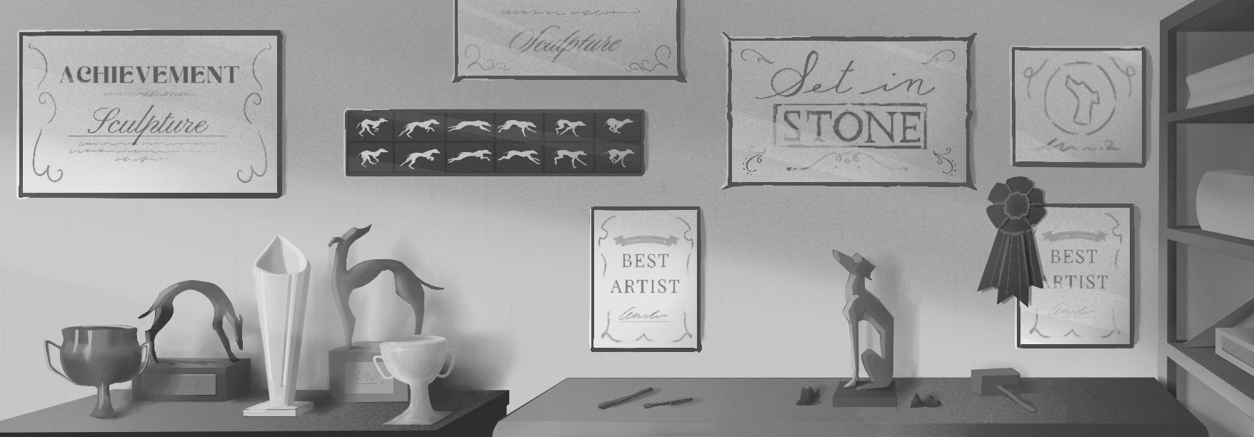 Illustration of office wall with sculptures, trophies and certificate for 'best artist' and similar, dog sculptures.