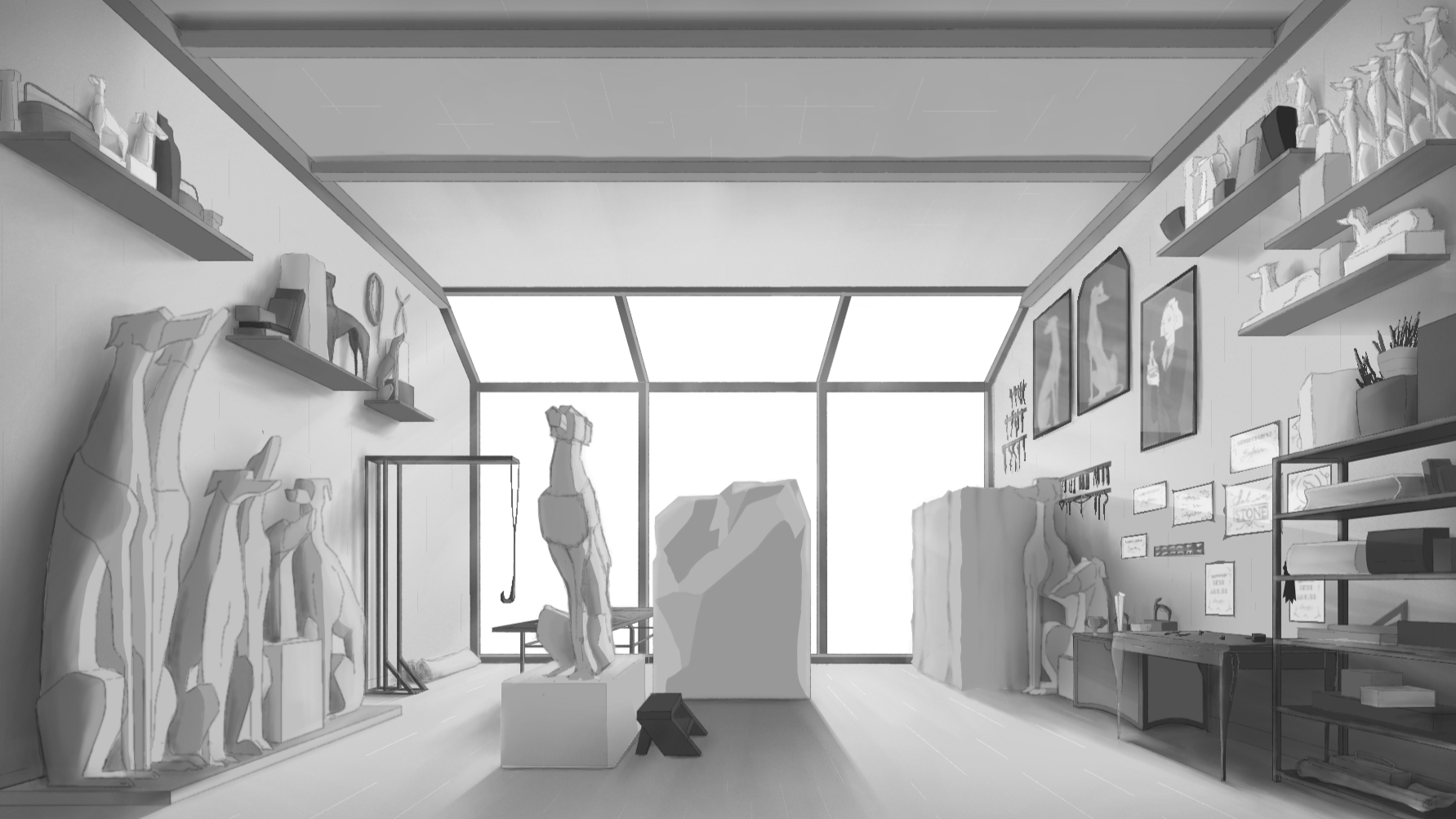 Illustration of artist studio with large windows letting in light, large dog sculptures and awards on wall.