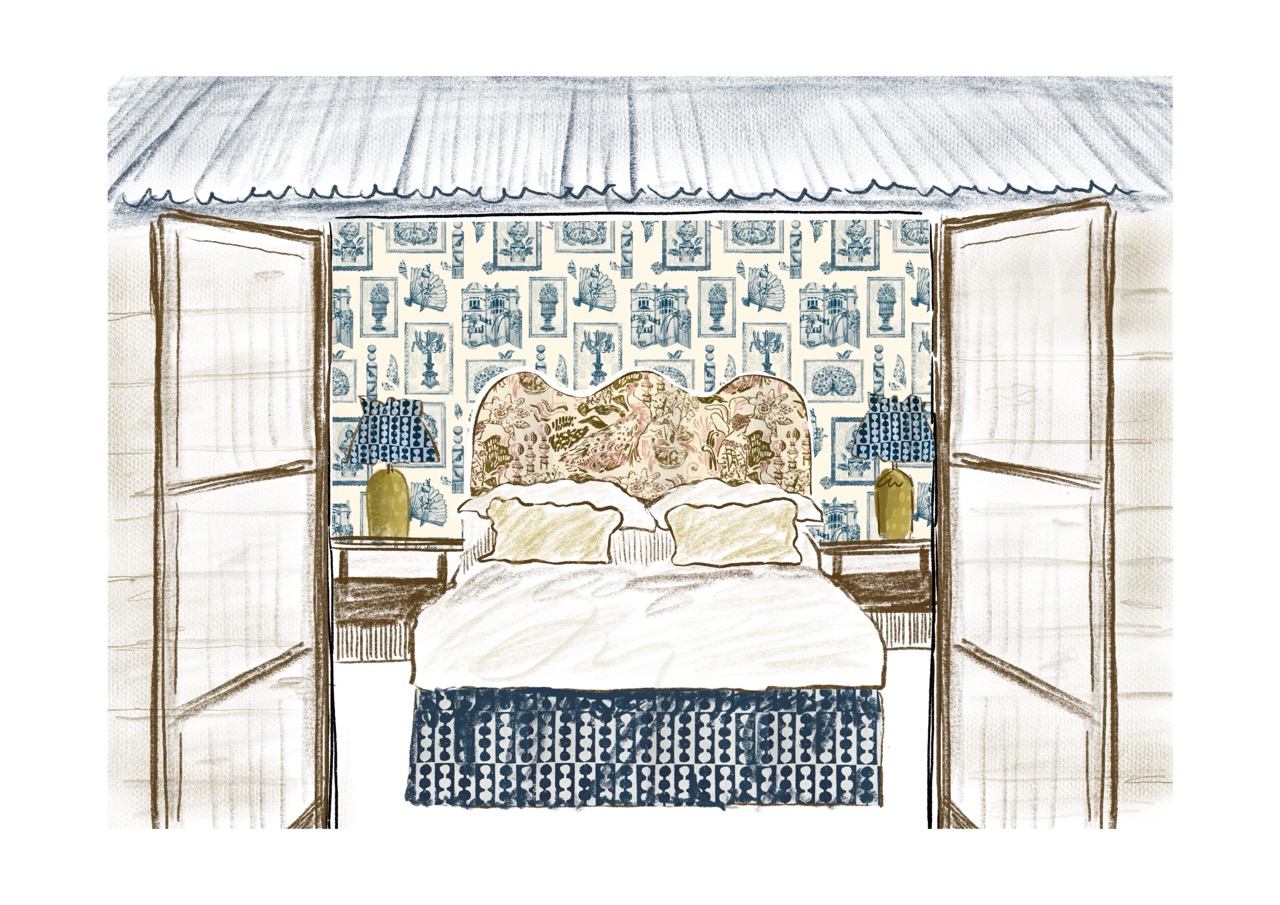 A sketch of a bedroom with double doors open wide. The room features a large bed with a patterned headboard, two yellow lamps on nightstands, and a blue and white patterned bedspread. The wall behind the bed is decorated with floral wallpaper.