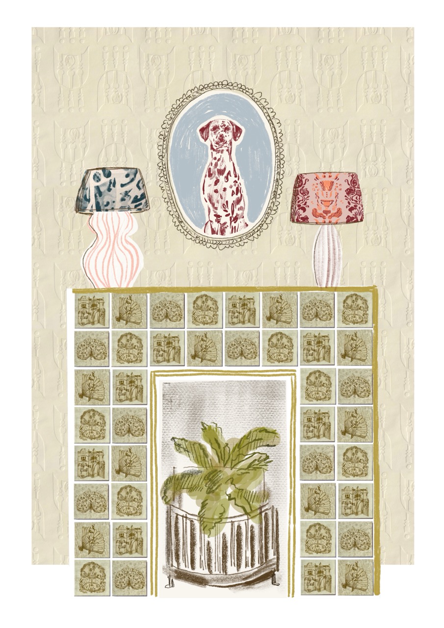 An illustration of a fireplace featuring a patterned surround and a plant in a decorative pot. Above the fireplace, a framed portrait of a Dalmatian dog is displayed, flanked by two lamps with coloured shades on either side.