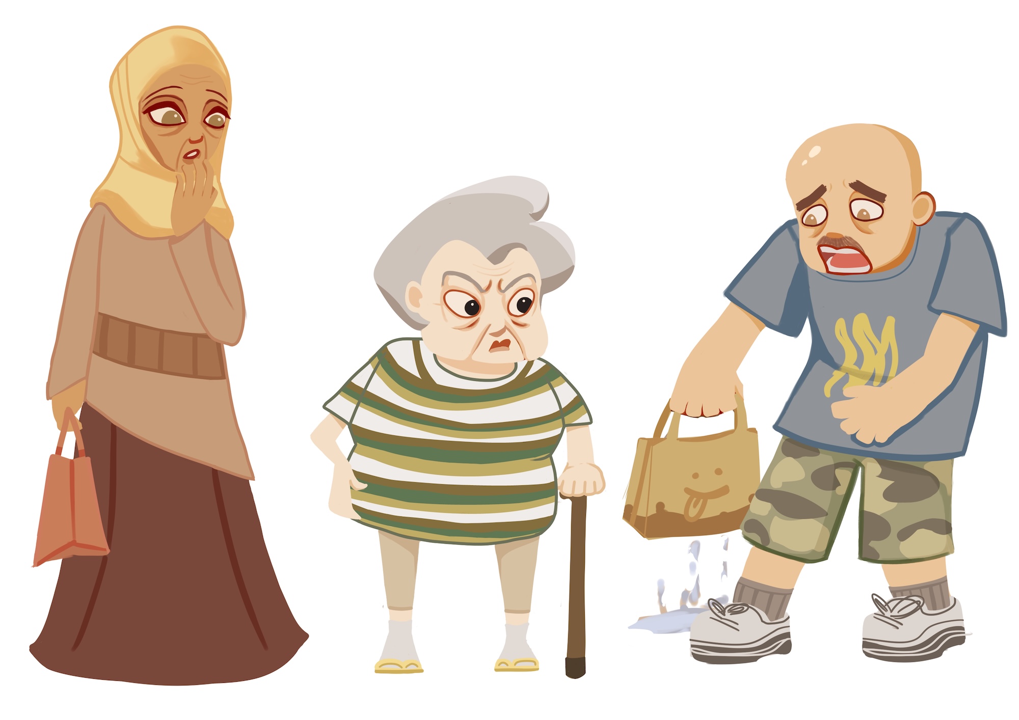 Cartoon illustration of three different adults, one in a headscarf, the other with a walking stick and a man with a bag of greasy food, white background.