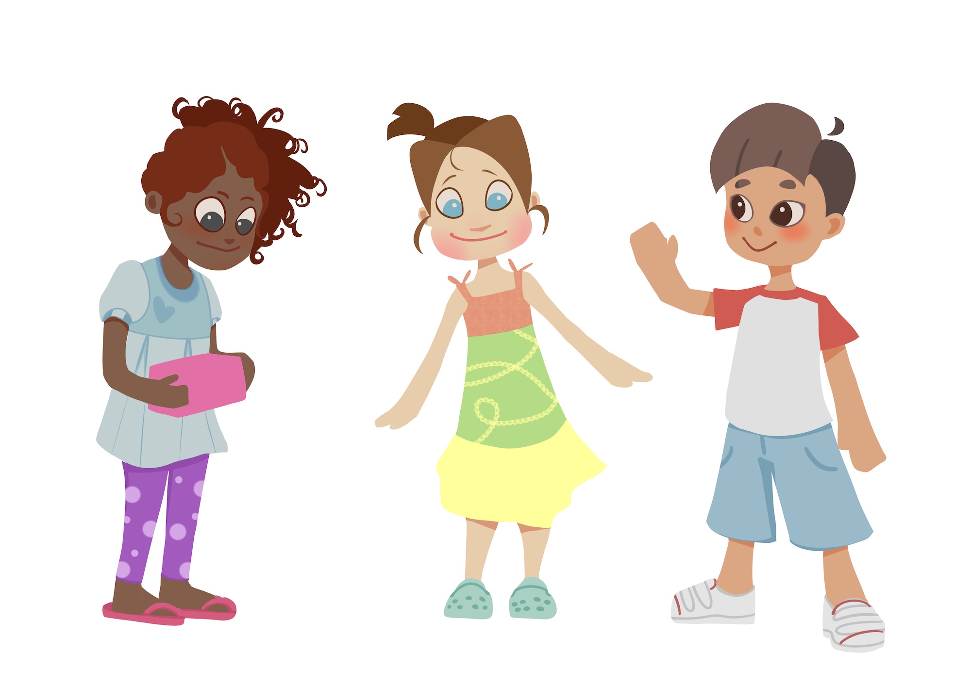 Illustration of three different children wearing colourful clothing on a white background.