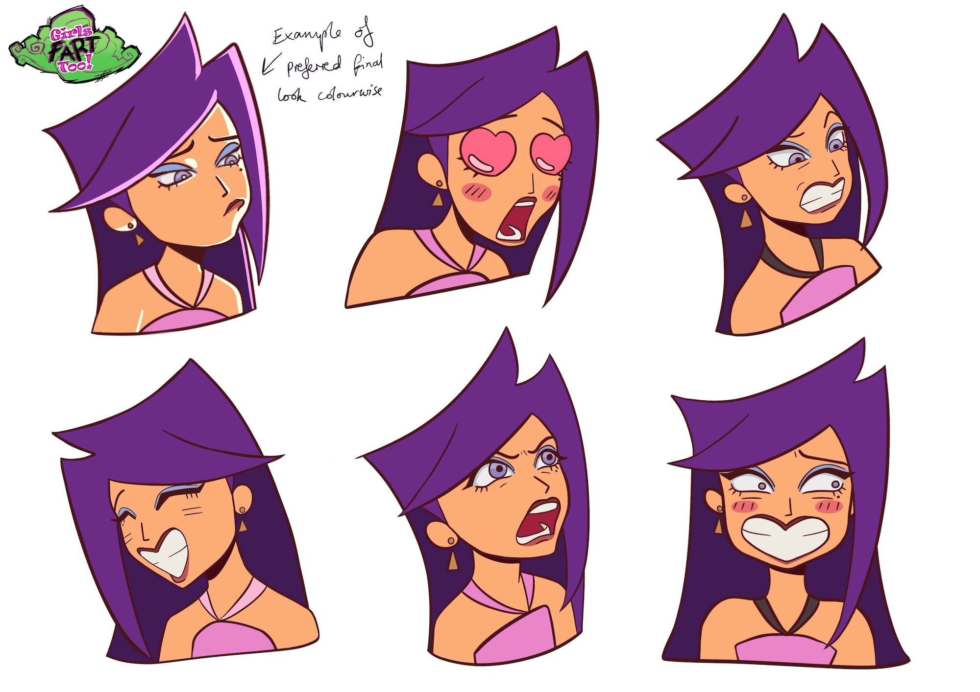 Illustrated sketches of cartoon character with purple hair showing different expressions.