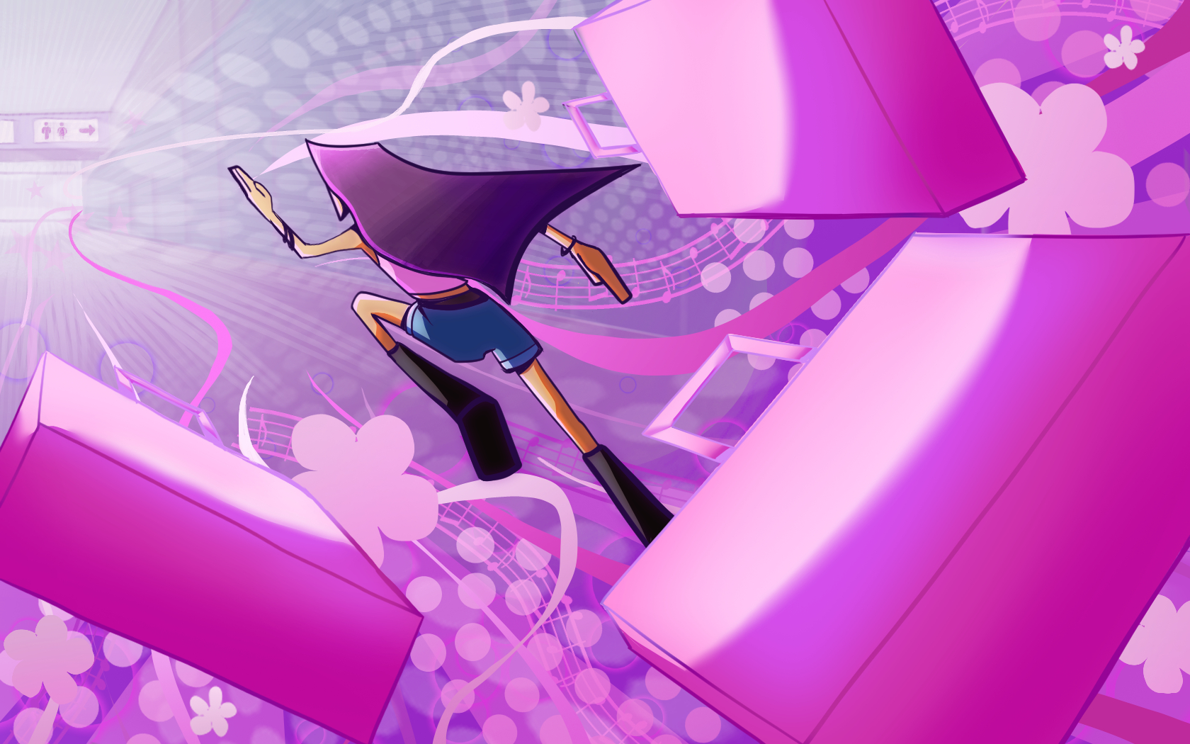 Illustration of a pink character with waving hair running away from abstract pink bricks, patterns and flowers.