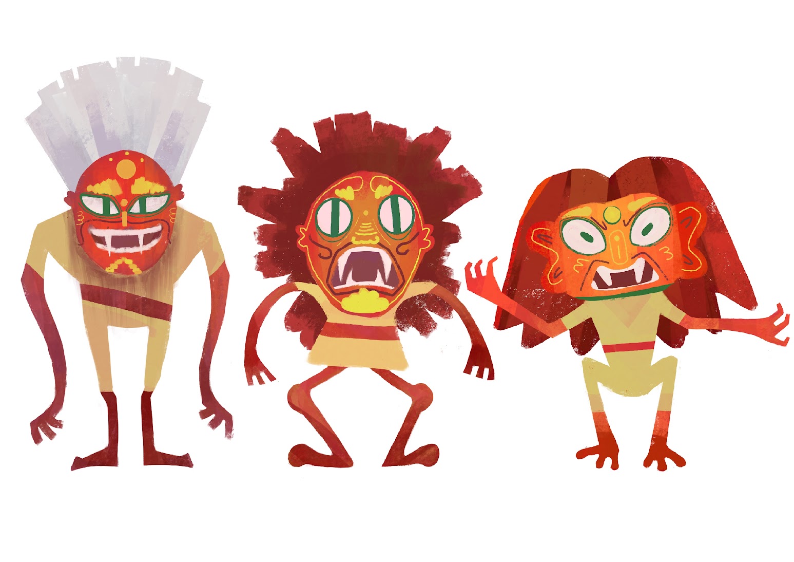 Illustrated sketches of characters with vibrant, red tribal masks and green eyes with fangs, wearing yellow garments.