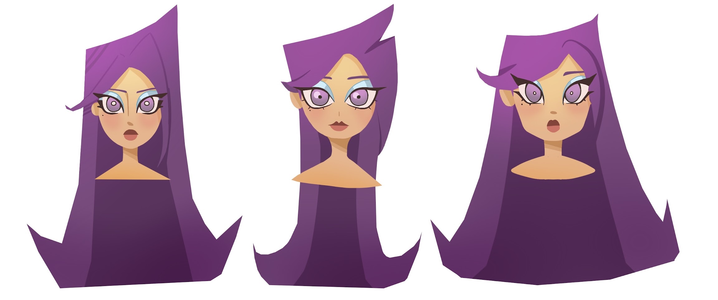 Three illustrations of a character with purple eyes and hair, different face shapes and characteristics.