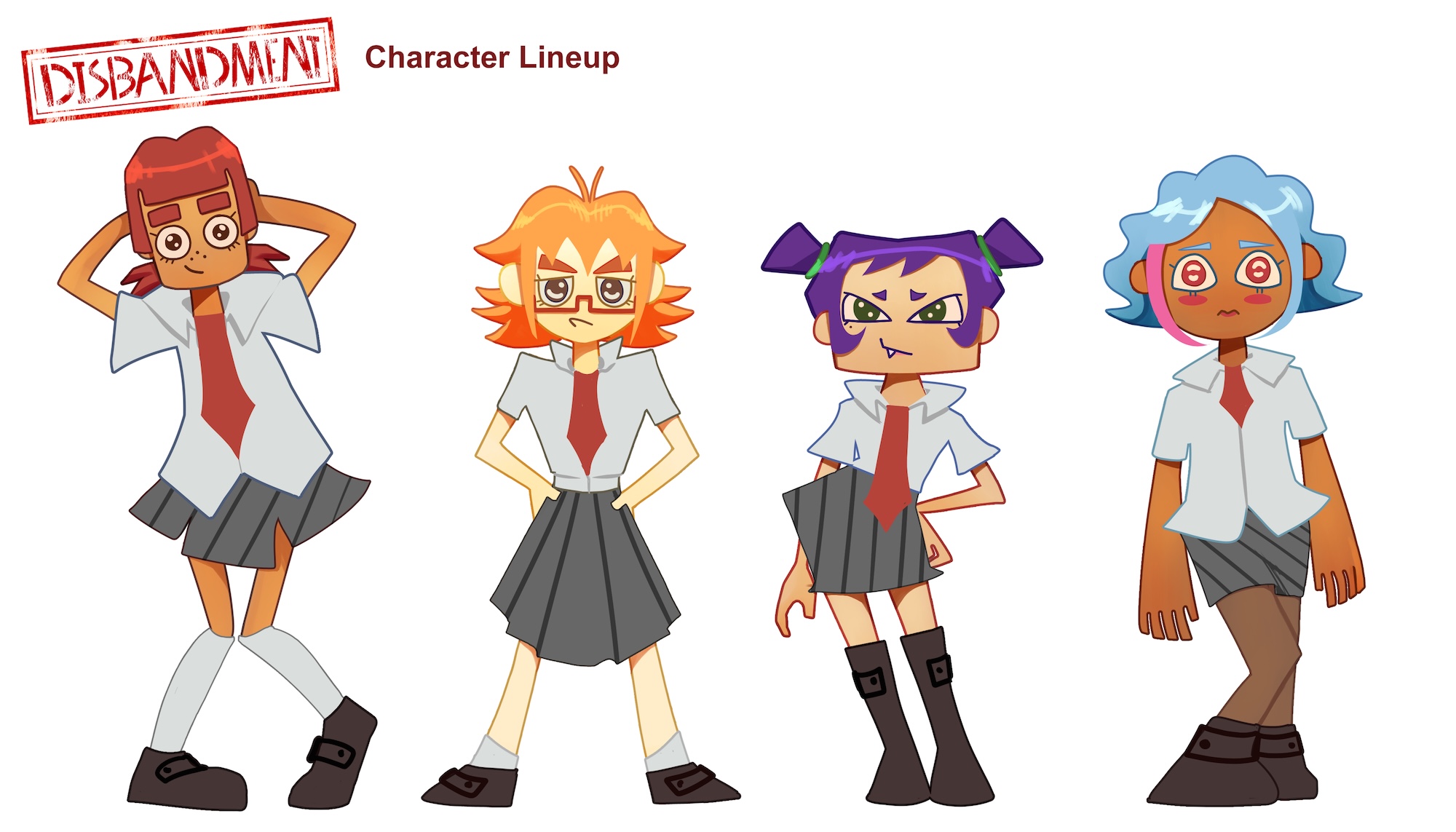 Illustrations of four schoolgirl characters with fun hair colours, white background.