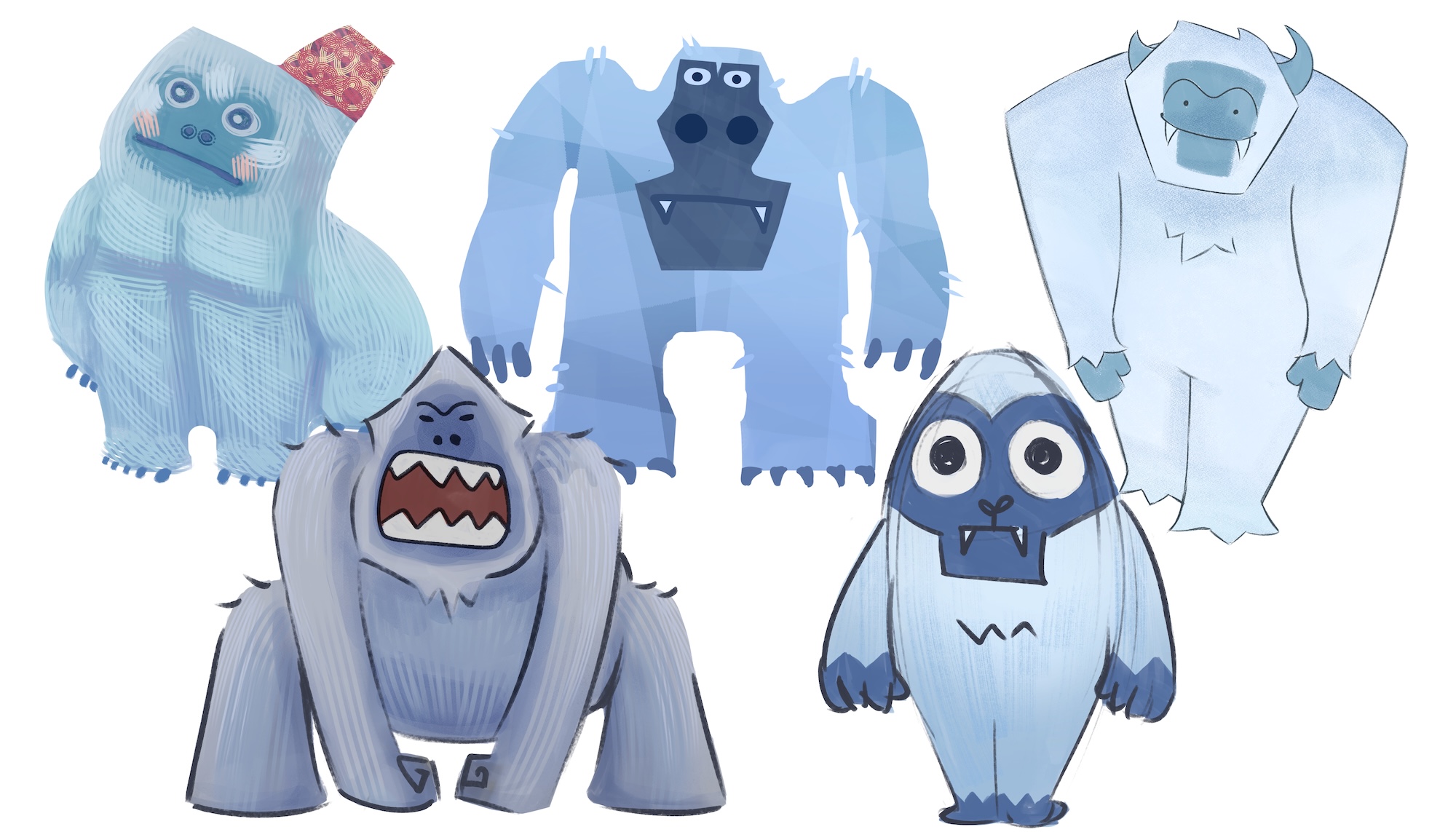 Illustrated sketches of a blue yeti in different styles, white background.