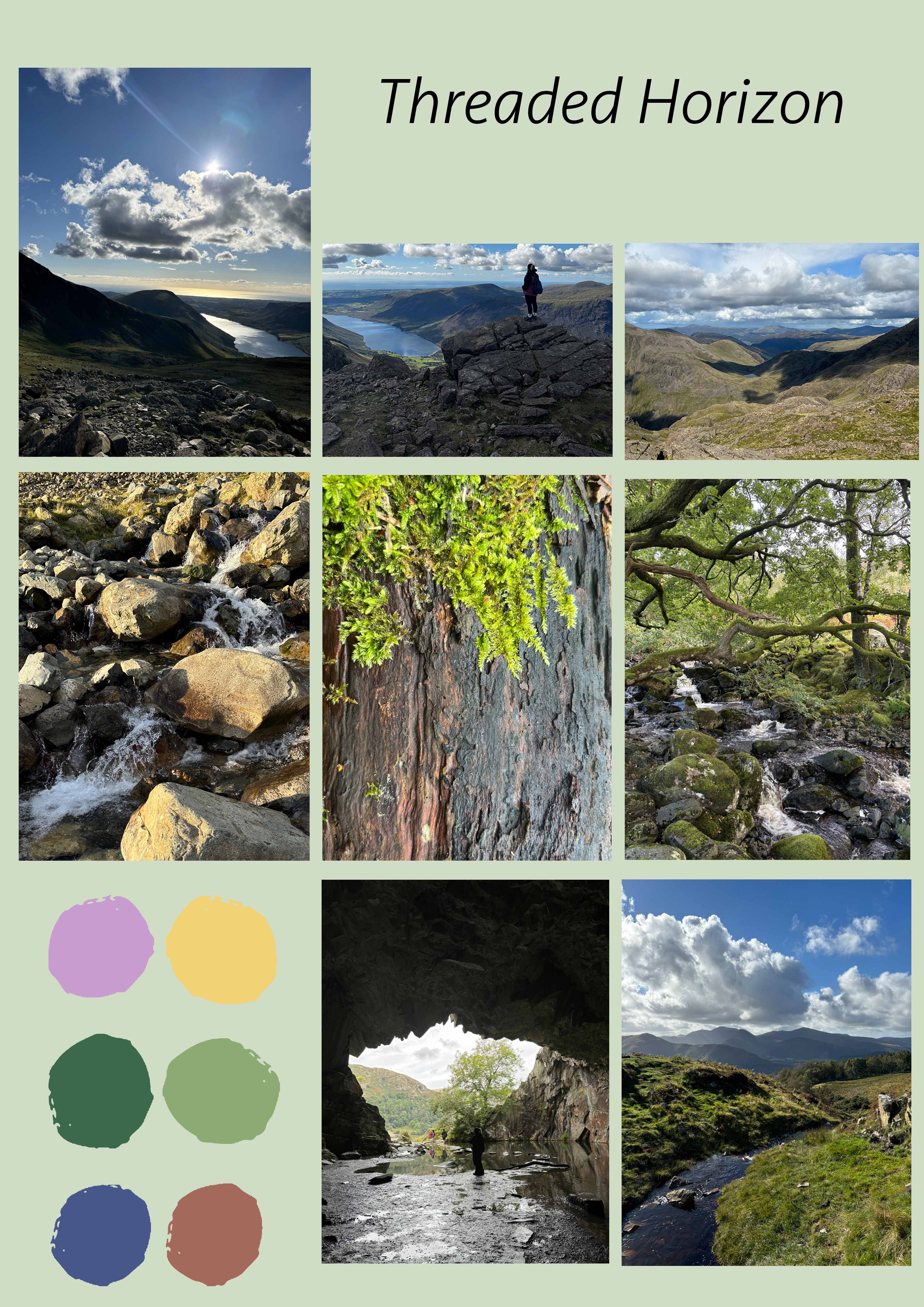 A collage titled 'Threaded Horizon' features six landscape photos showcasing various natural views, including mountains, streams, and trees, set against a light green background. Below the images, there are six circular colour samples in shades of purple, green, and beige.