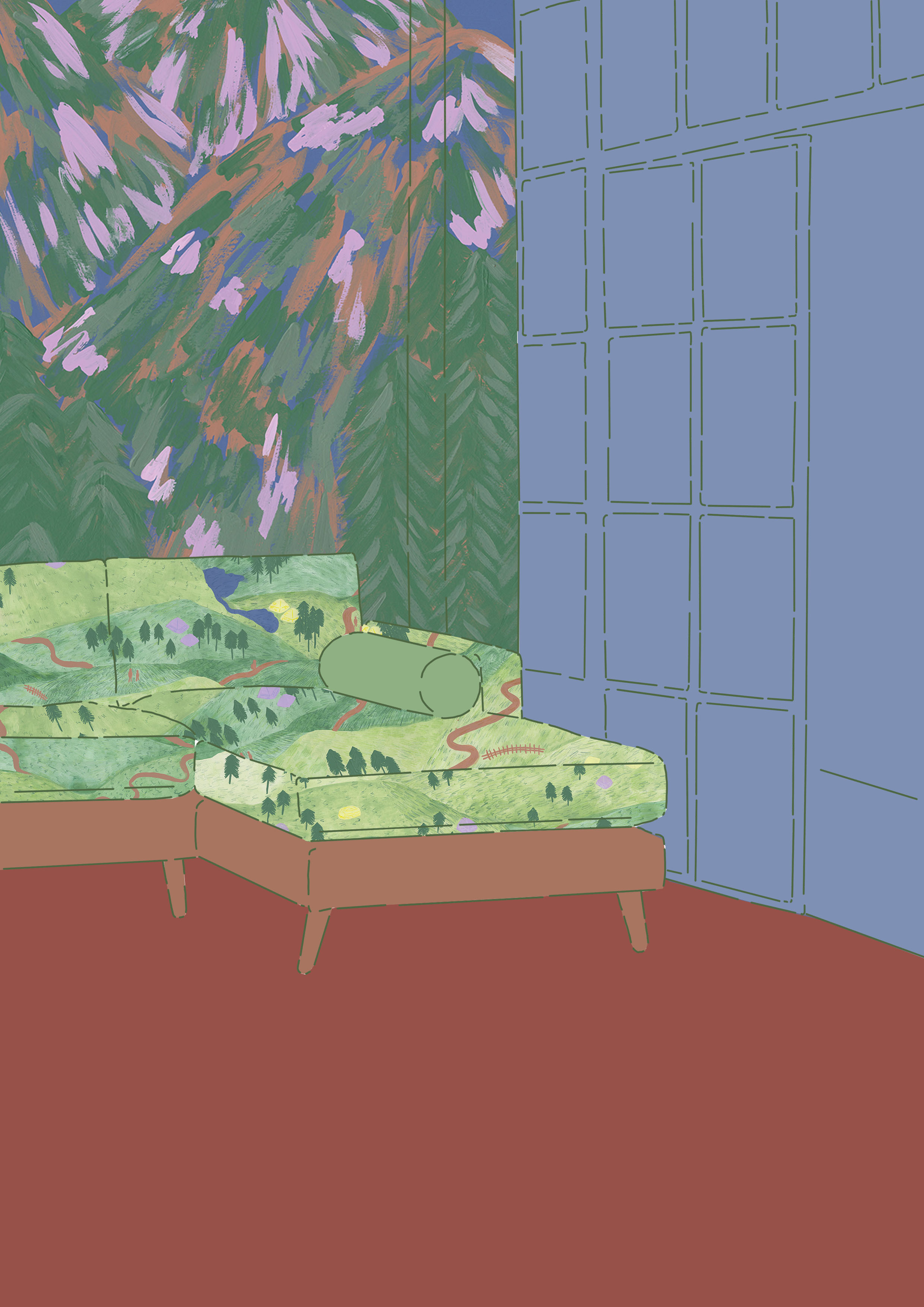 A corner seating area features a green patterned sofa with wooden legs, complemented by a matching cylindrical cushion. Behind it, a wall painted in soft blue displays a stylised mural of mountains and trees, against a red floor.