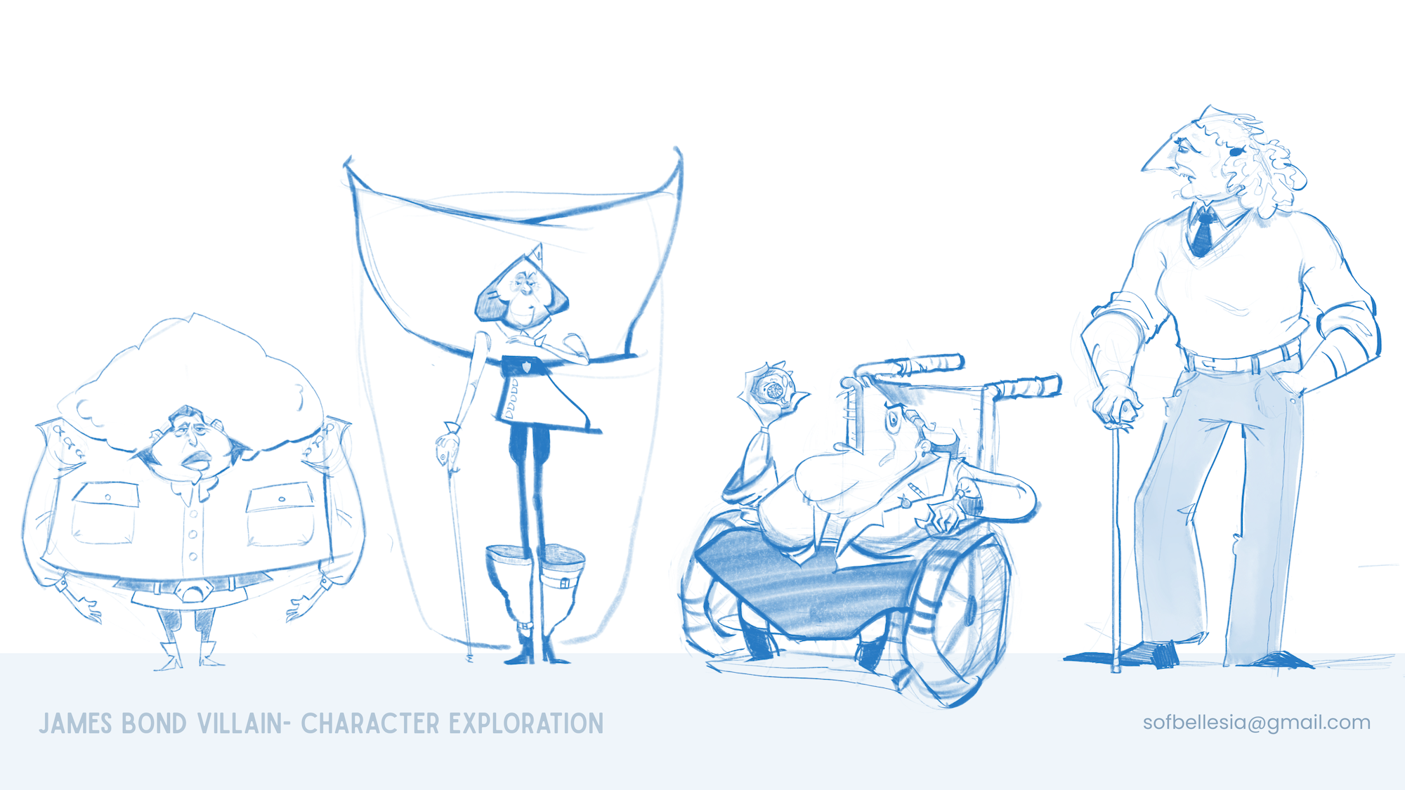 Detailed sketches of various characters in blue, text reads 'James Bond villain - character exploration'.