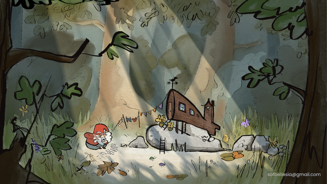 Detailed illustration of a gnome in a forest stood by a small wooden house on a rock, shaded light from above.