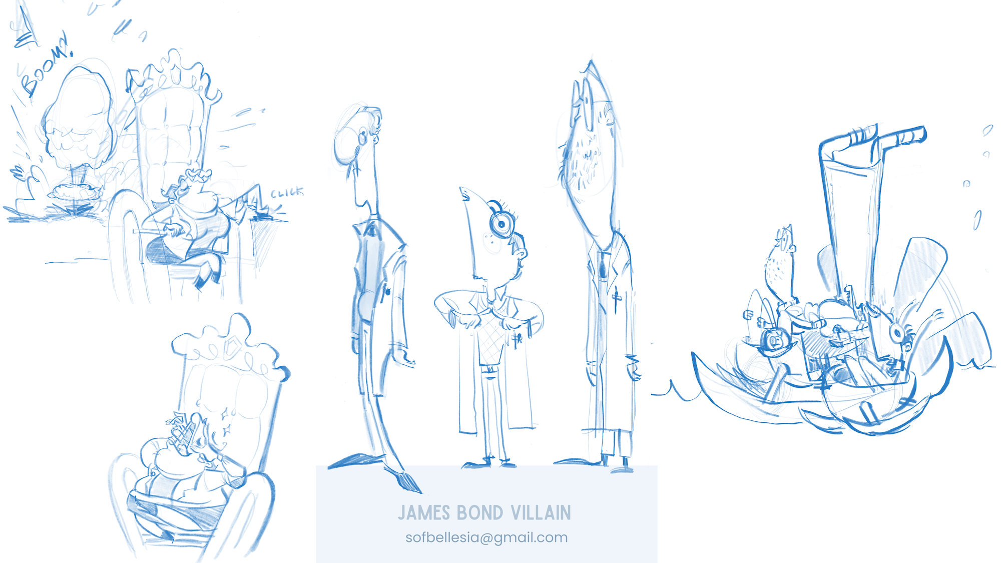 Detailed sketches of various quirky characters in blue on a white background, stood or in motion falling, text reads 'James Bond villain'.