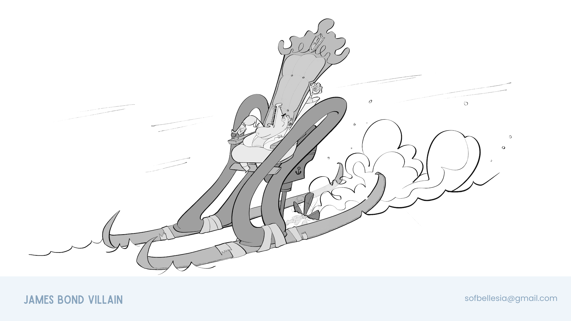 Sketch of an old lady screaming while riding on a throne sled, white background.