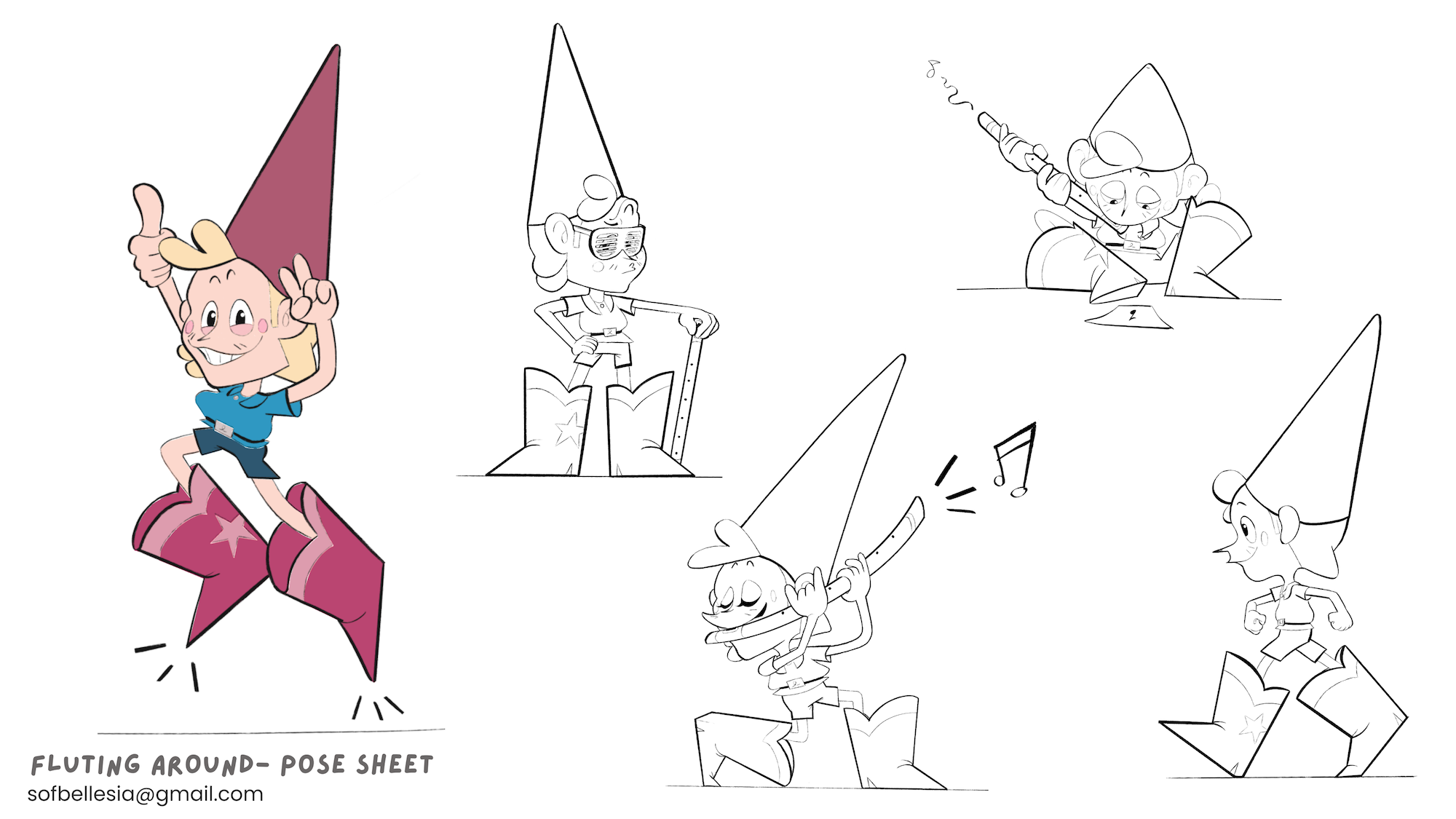 Sketch of a gnome character in colour to the left with text that reads 'Fluting around - pose sheet' with outline illustrations of the character in different poses and expressions.