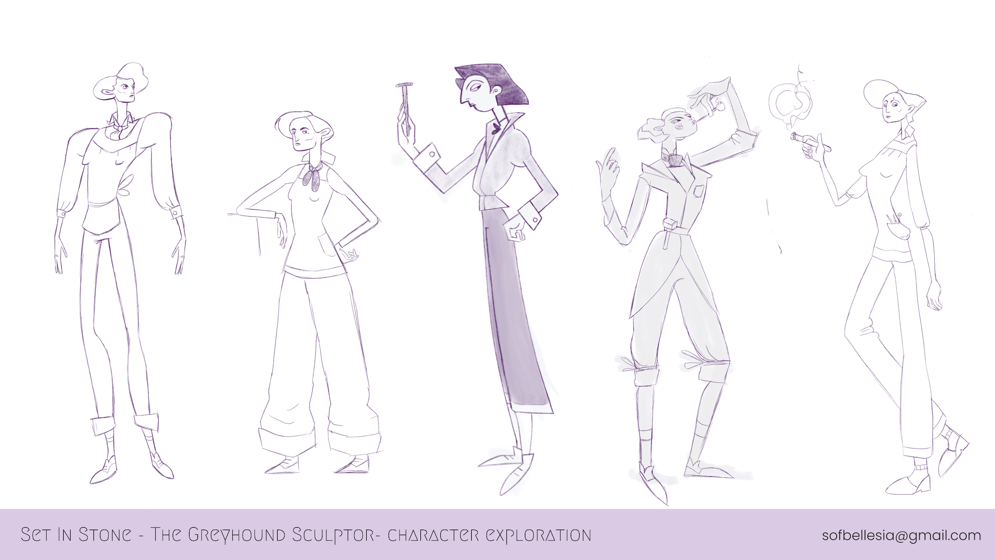 Funky sketches of tall characters in purple on a white background, some in suits and others in aprons, text reads 'SeT IN STONe - THE GREYHOUND SCULPTOR - CHARACTER EXPLORATION'.