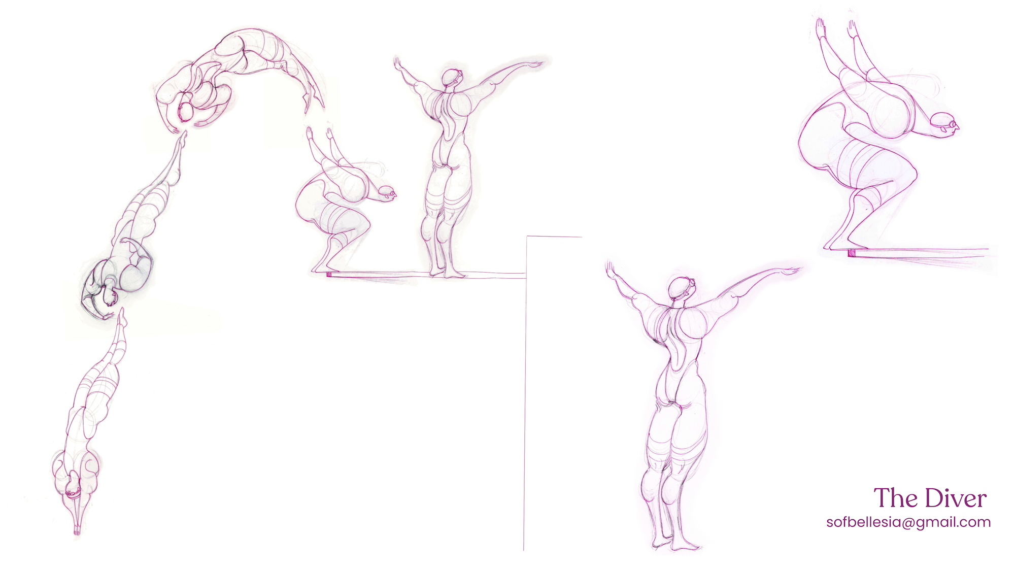 Various sketches of a diving character, both in motion and still, in red-pink ink on a white background.