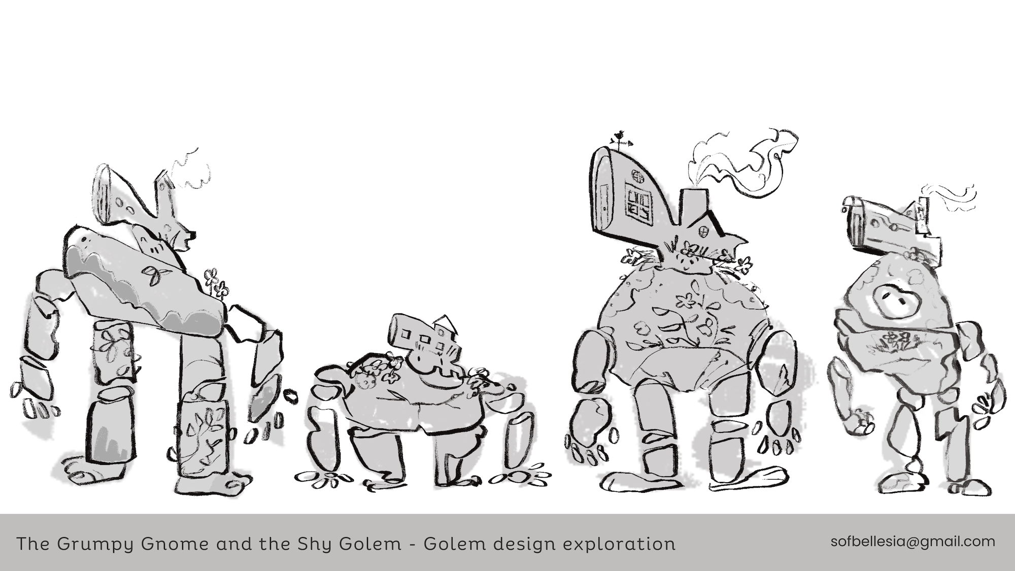 Grey sketched illustrations of two squat characters, text reads 'The Grumpy Gnome and the Shy Golem - Golem design exploration'.