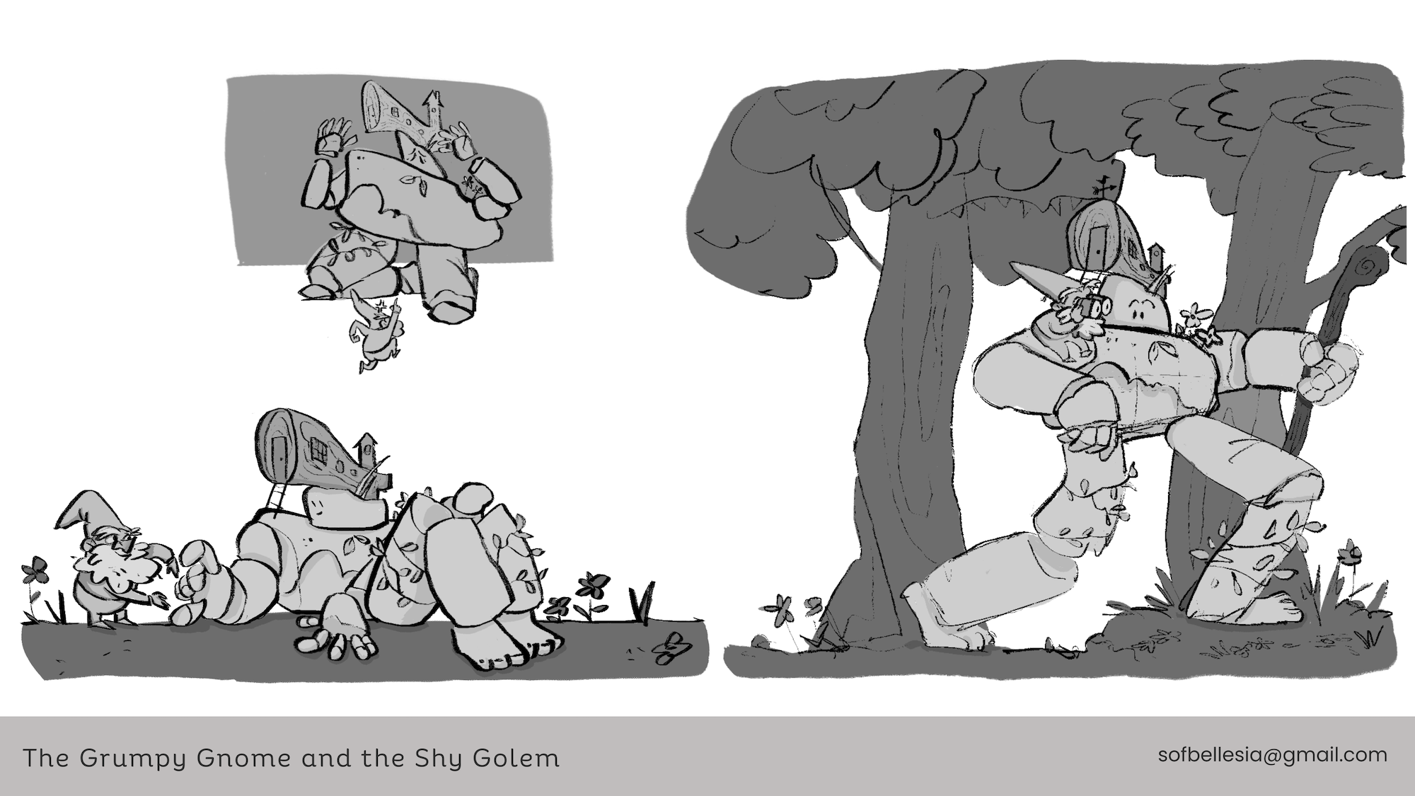 Various sketches of two fantasy characters, one sneaking past a tree on the right. Text reads 'The Grumpy Gnome and the Shy Golem'.