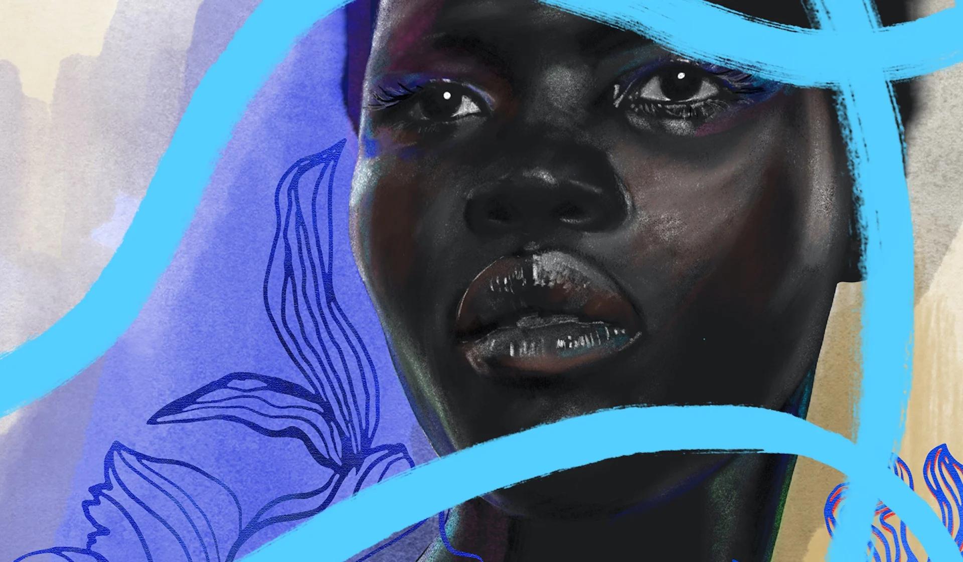 Painting of a person with a sad expression with several blue stripes and flower petals around them
