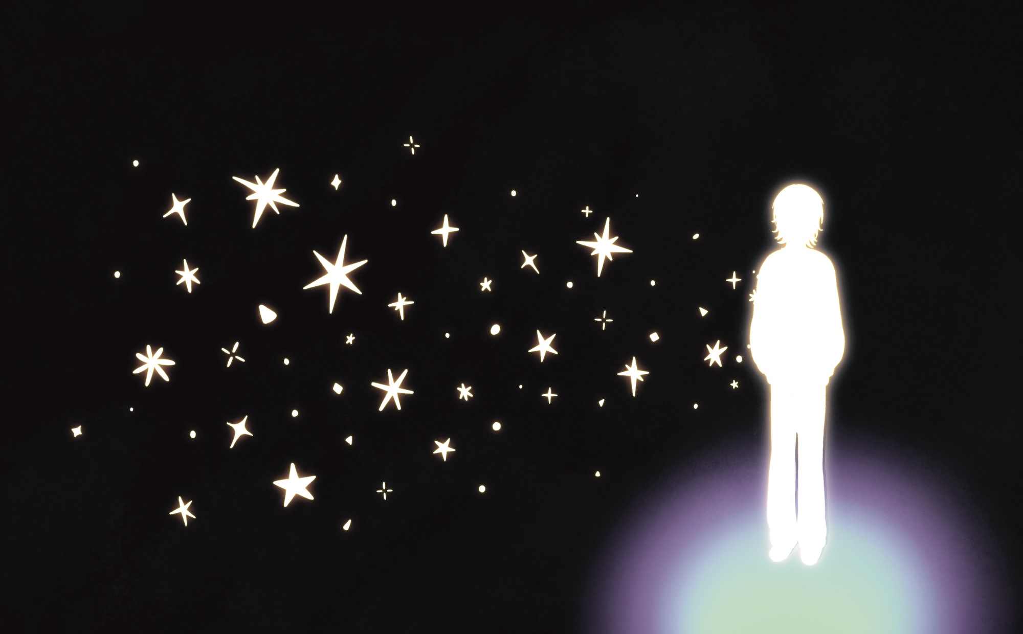 A glowing white silhouette of a person stands on a softly coloured light pool against a black background, with scattered star shapes around them.