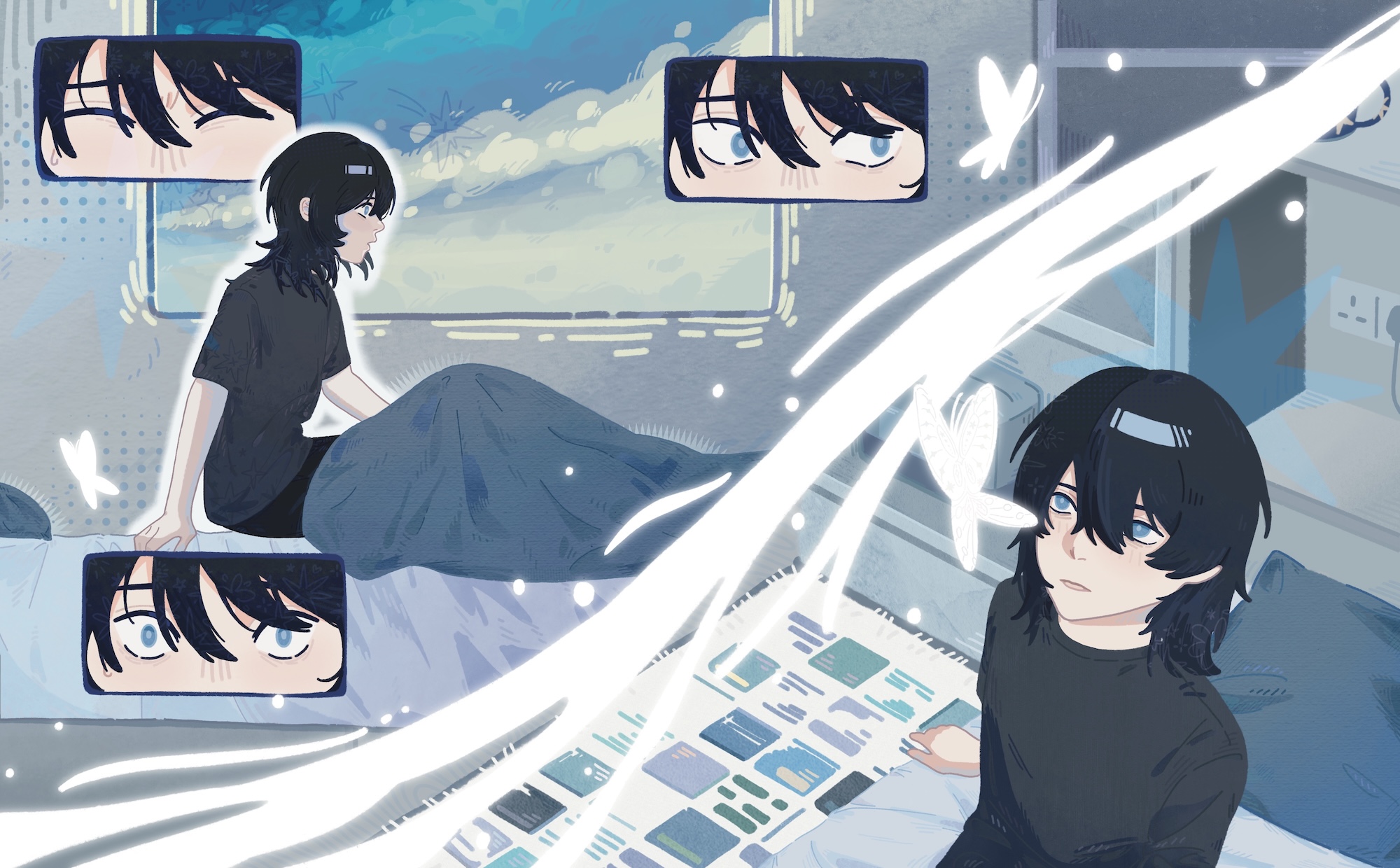 An anime-style illustration shows a black-haired person sitting on a bed beside a smartphone displaying a grid of app icons, with close-up eye panels and white light streaks in the background.