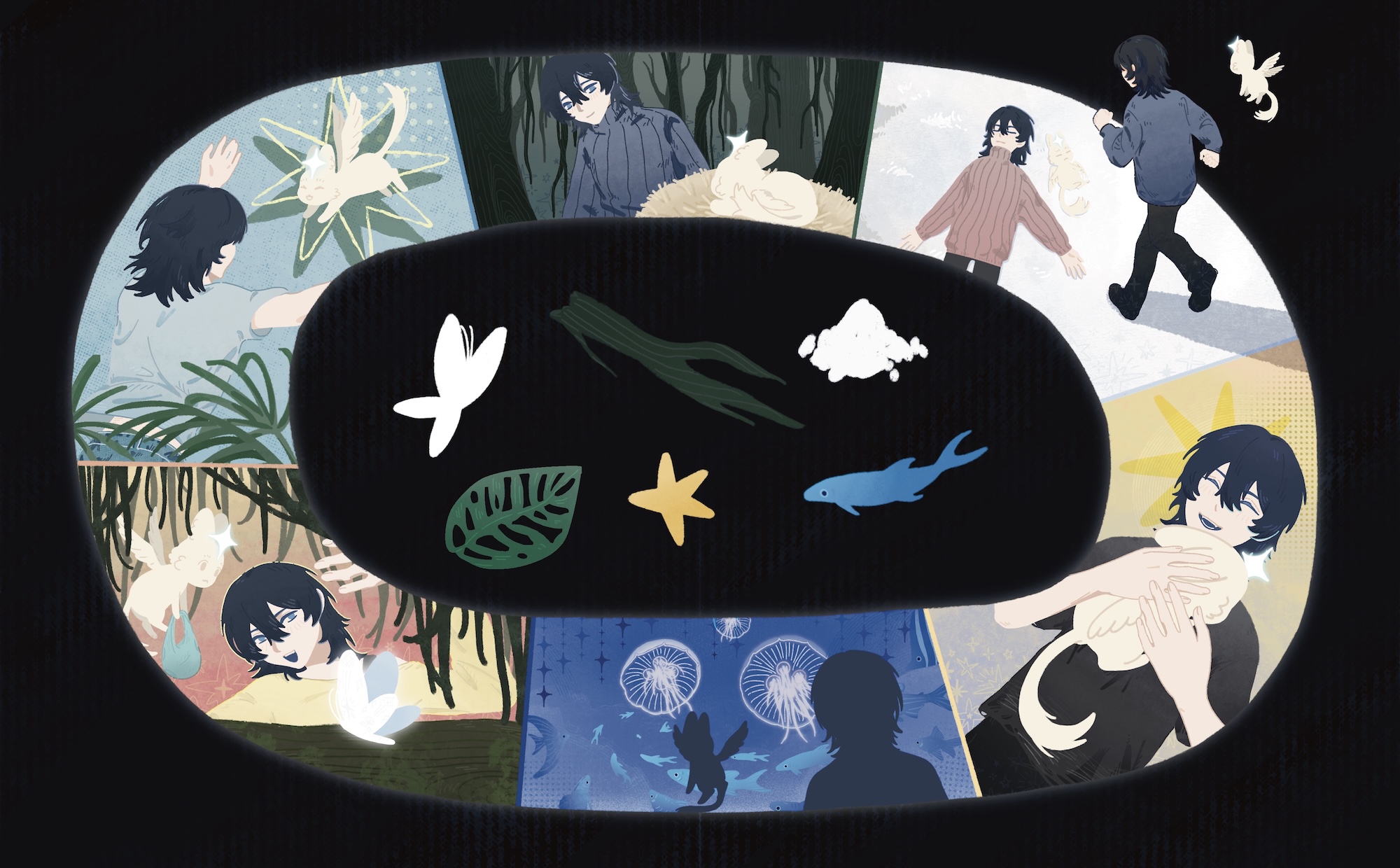 An oval collage of illustrated scenes shows a dark-haired character in several settings, with a black centre panel featuring leaf, flower and whale icons.