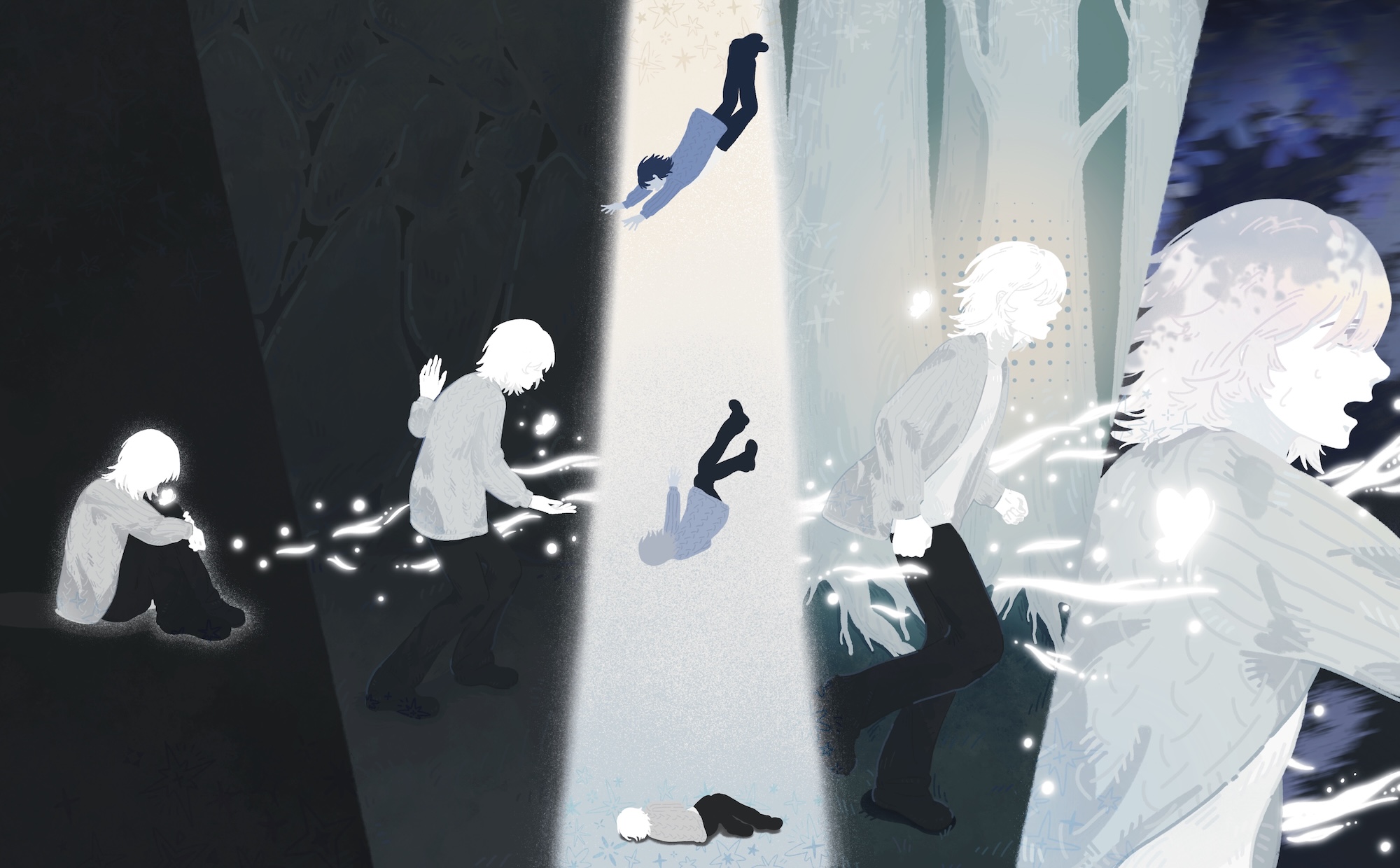 An abstract illustration of several white-haired figures moving between dark and light vertical panels, with one figure falling upside down near the centre.