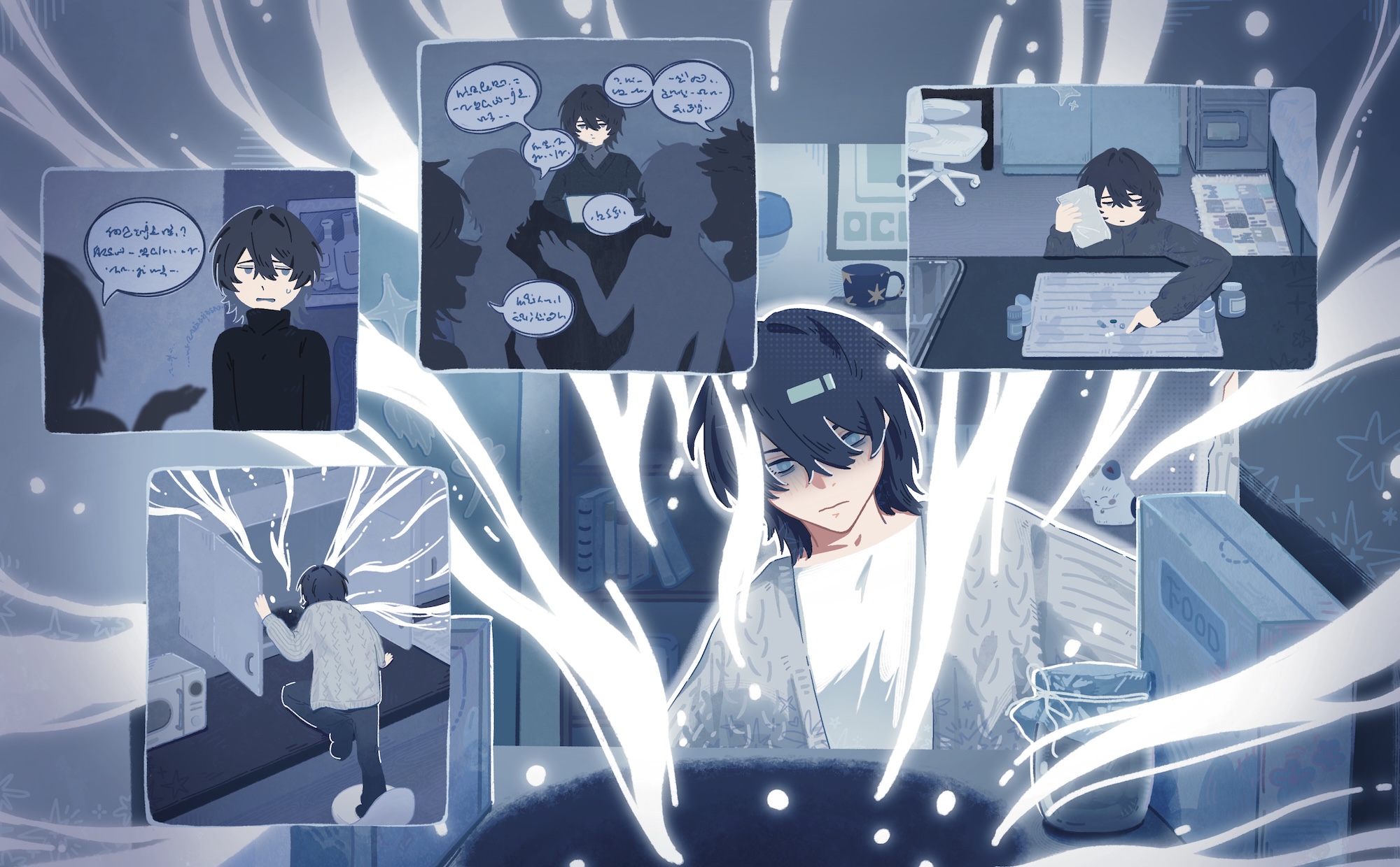 An anime-style collage shows a black-haired young man in multiple scenes, including at a desk, standing in a room, and sitting on a couch, with glowing white streaks and speech bubbles on a blue-toned background.