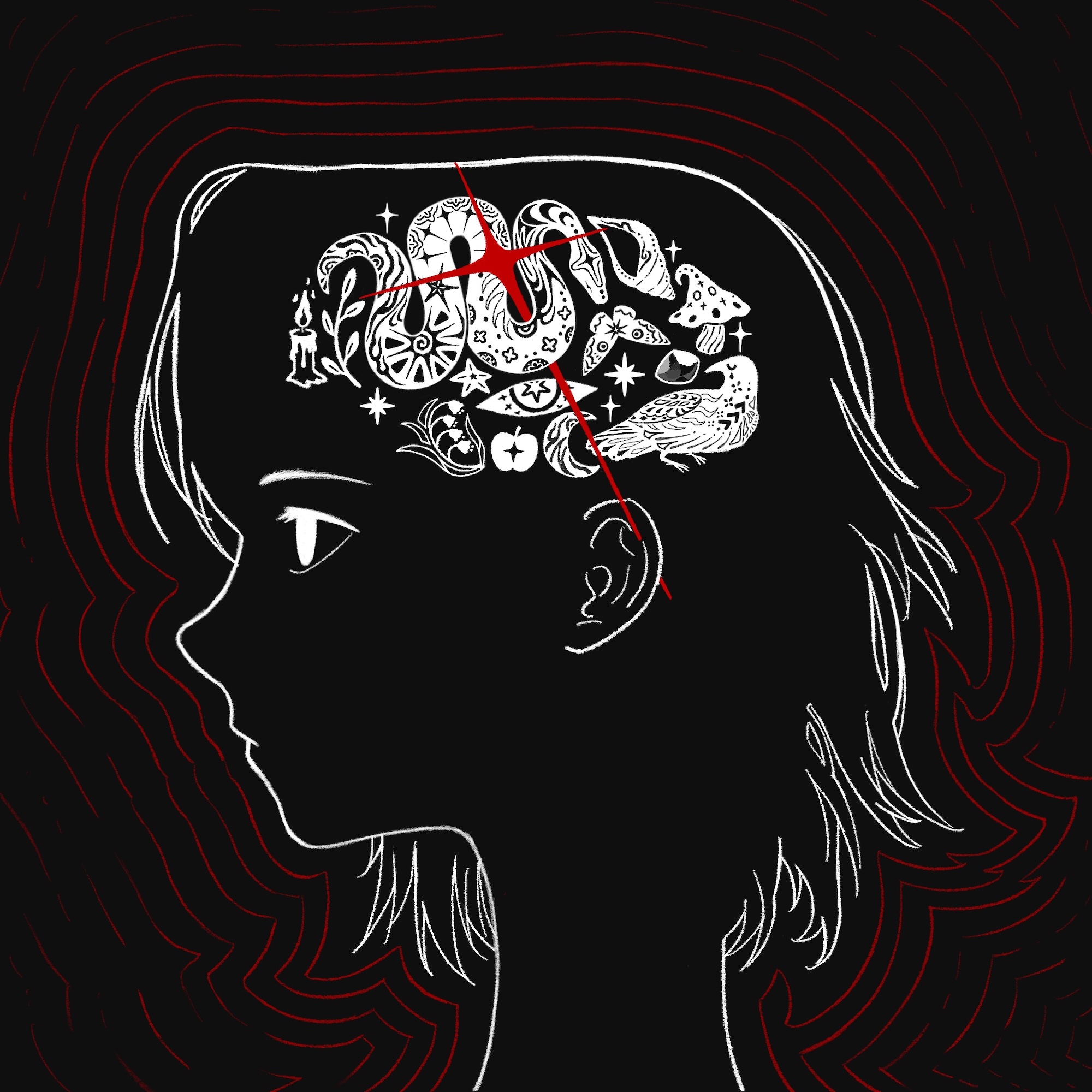 A black-and-white side profile of a young girl’s head with a red cross over a brain illustration, set against a dark background with red contour lines.