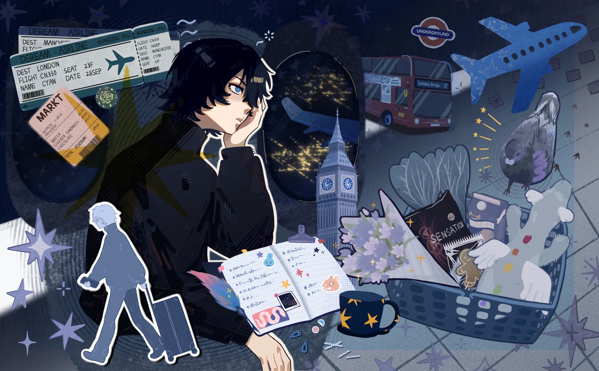 An anime-style illustration of a black-haired traveller in a dark coat sitting beside a luggage basket, with a passport, boarding pass, London bus, Big Ben and an aeroplane in the background.