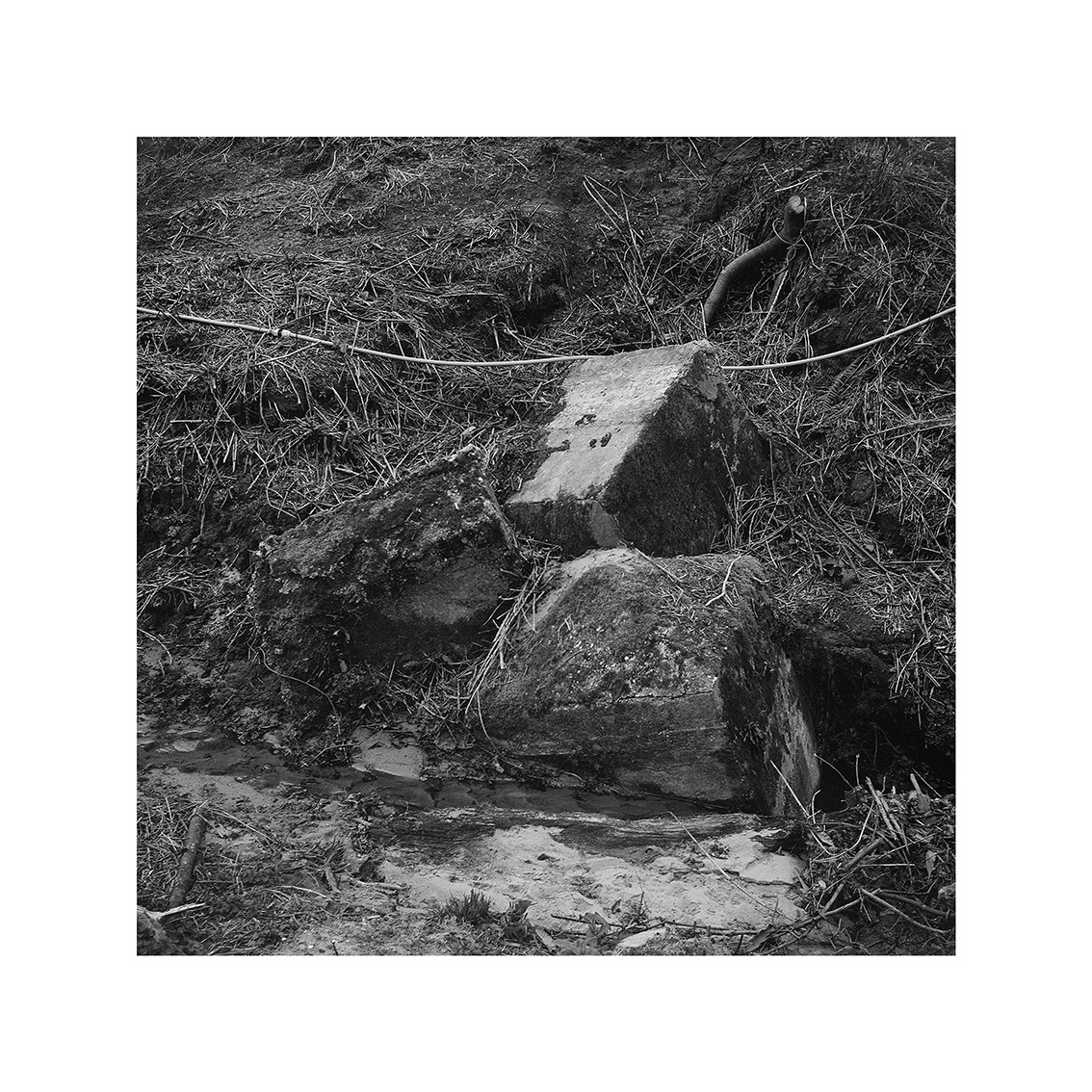 black and white photograph of bricks in mud