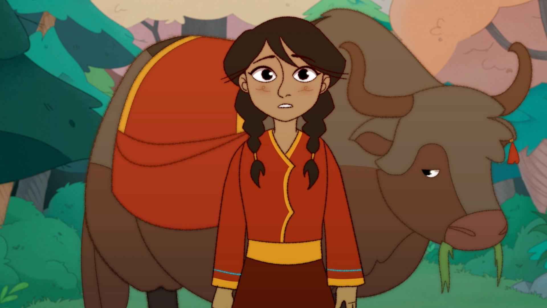 Animation still of a character in front of a bull in a forest, red clothing.