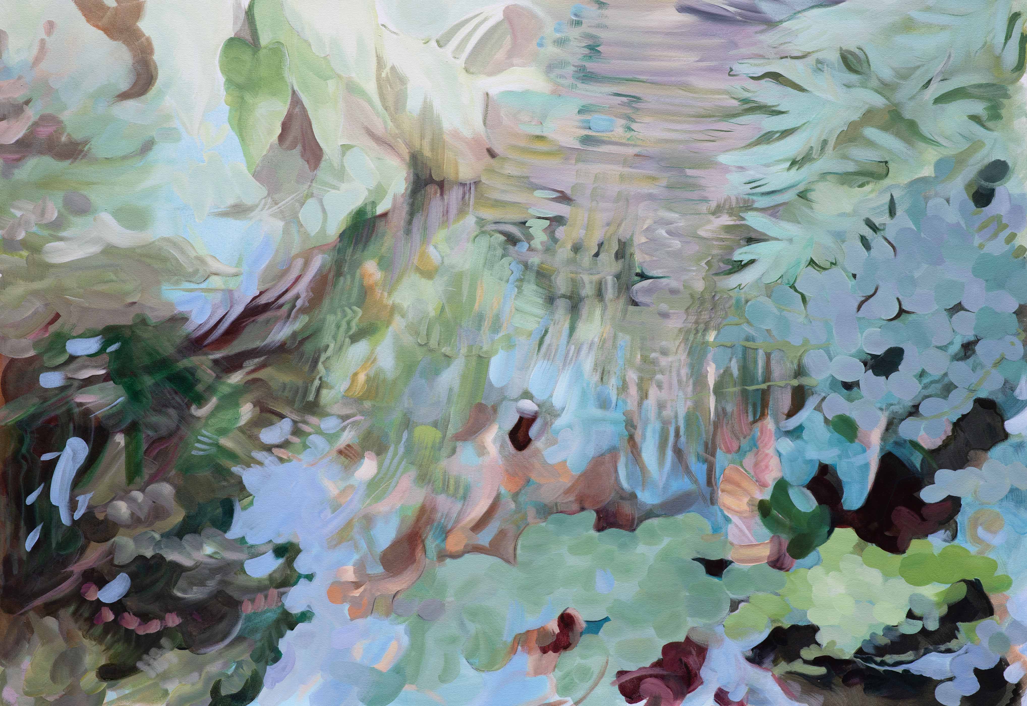 An abstract painting in soft pastel blues, greens and pinks with layered brushstrokes resembling foliage and water.