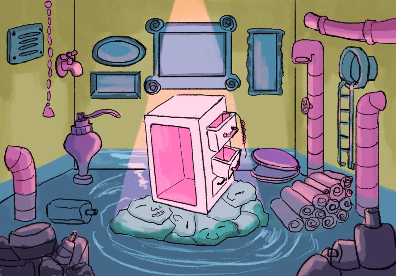 Cartoon bathroom interior with pink and purple fixtures, blue water on floor, green-yellow walls, and various plumbing elements scattered about.