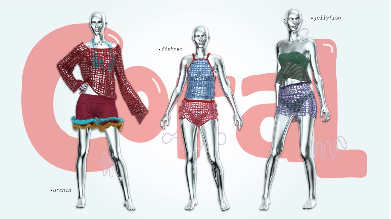 Fashion line-up with metallic mannequins and crocheted pieces, background shows faint red tex reading 'coral'.