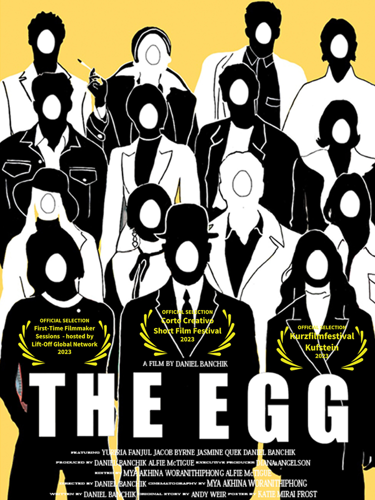 Film poster with an illustration of black and white silhouettes, each with an egg where their faces are. Three sets of film festival laurels appear above the film's title "The Egg".