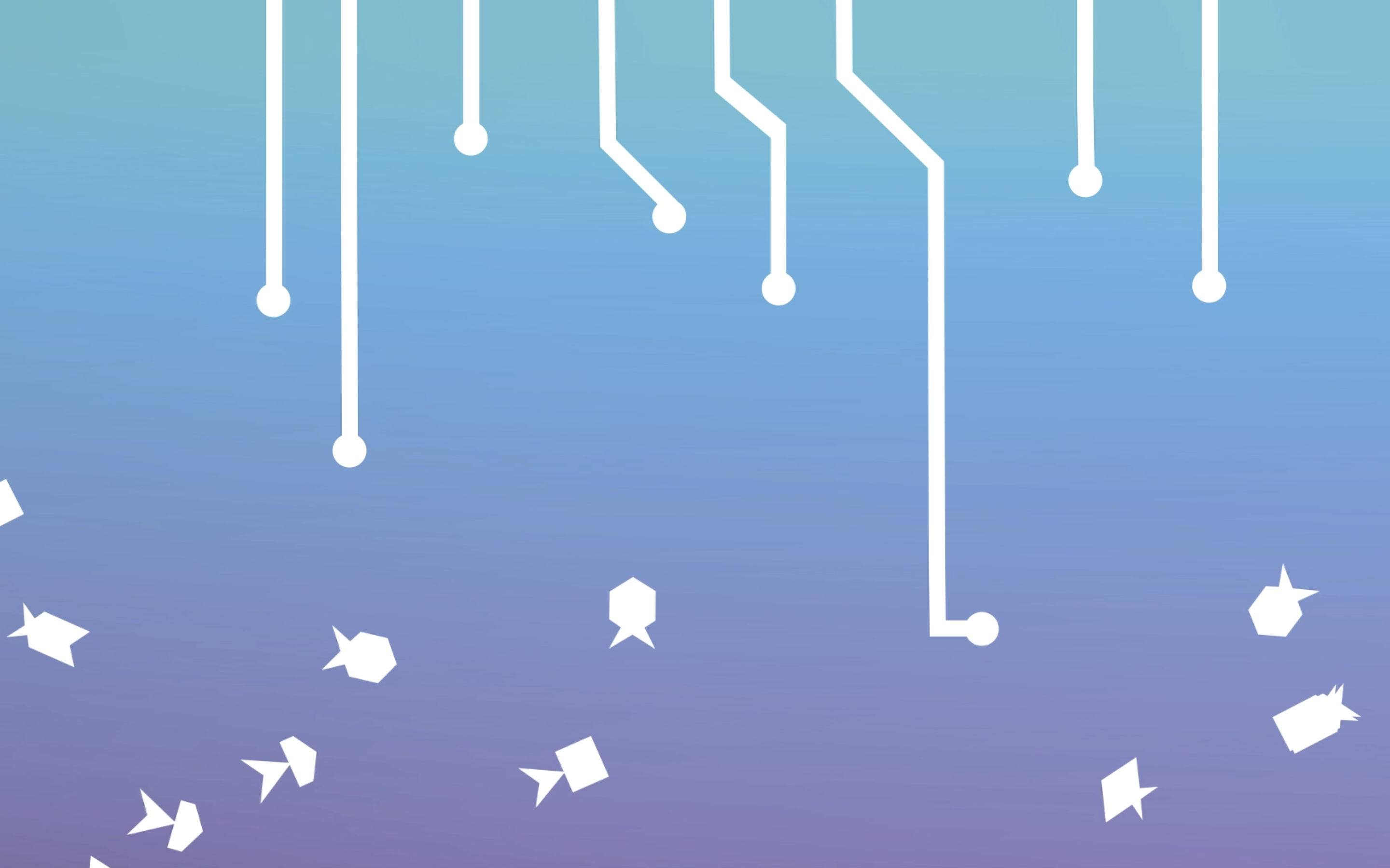 Lines with small circles at the ends coming down from the top of the page. Fish-shaped blocks swimming at the bottom.
