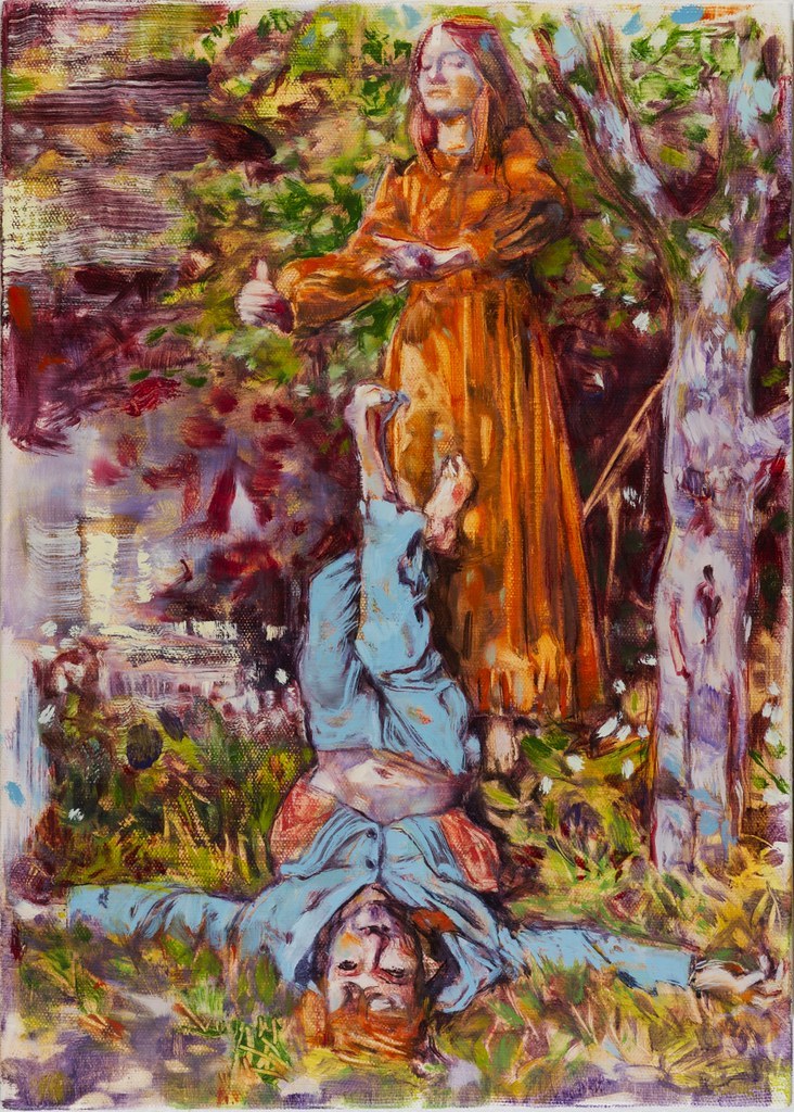 Painting showing a boy lying on the ground and a woman standing over him with her arms out.