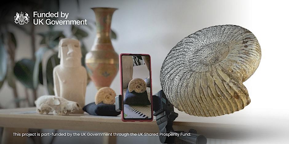 A display of historical artefacts and a couple of ammonite fossils, one of which is also viewed on a smartphone screen. The UK Government logo appears in the top left corner, along with text reading "Funded by UK Government".