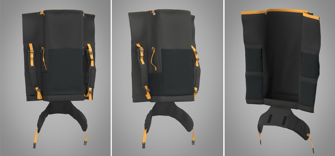 3D render of a black bag with yellow accents, three separate images.