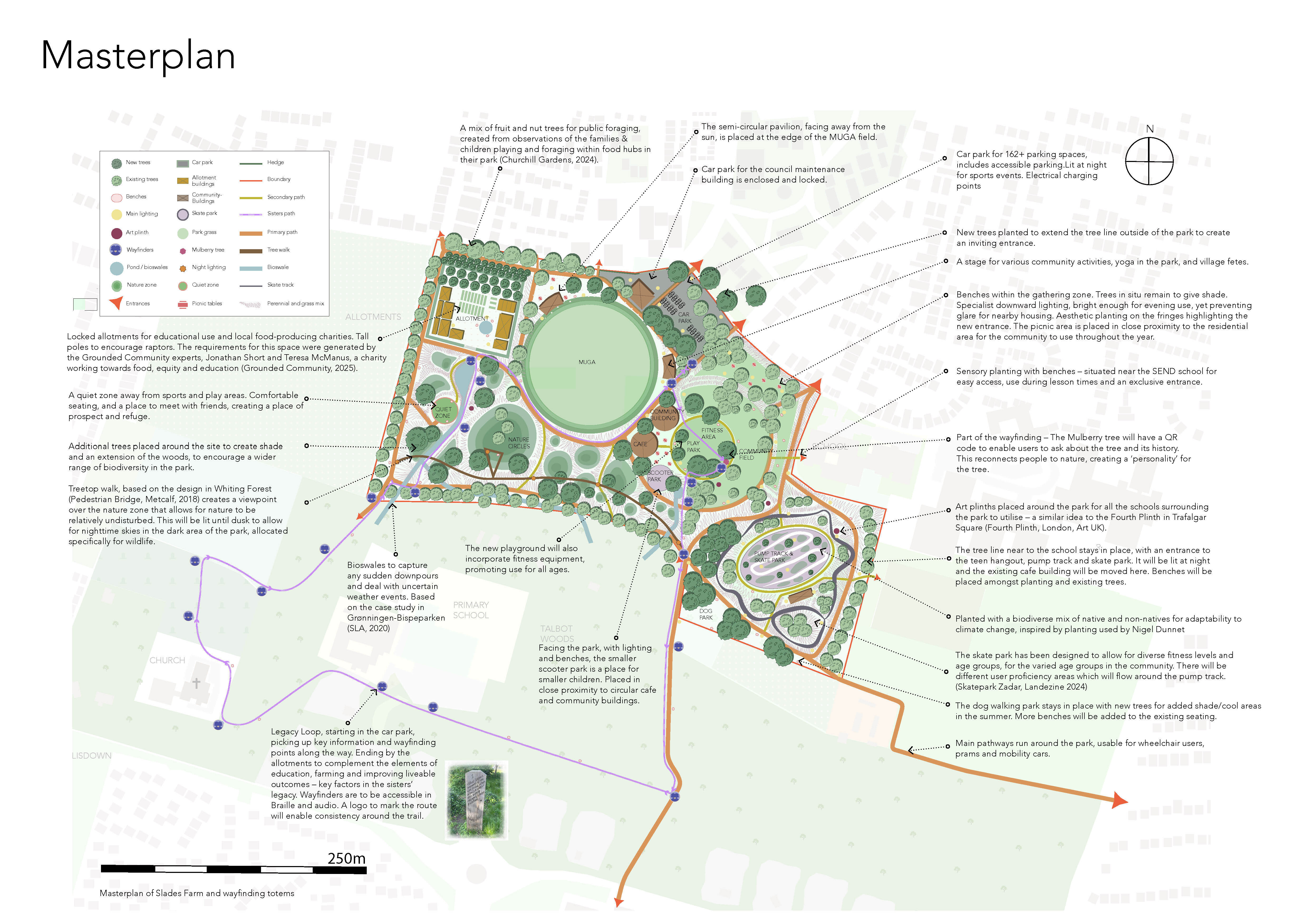Masterplan drawing showing green landscaped areas, circular central feature, pathways, and surrounding text annotations on white background.