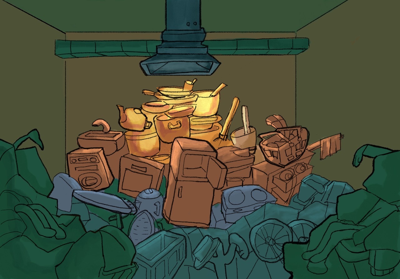Cartoon illustration showing pile of brown cardboard boxes and household items under air vents, surrounded by teal-blue objects.