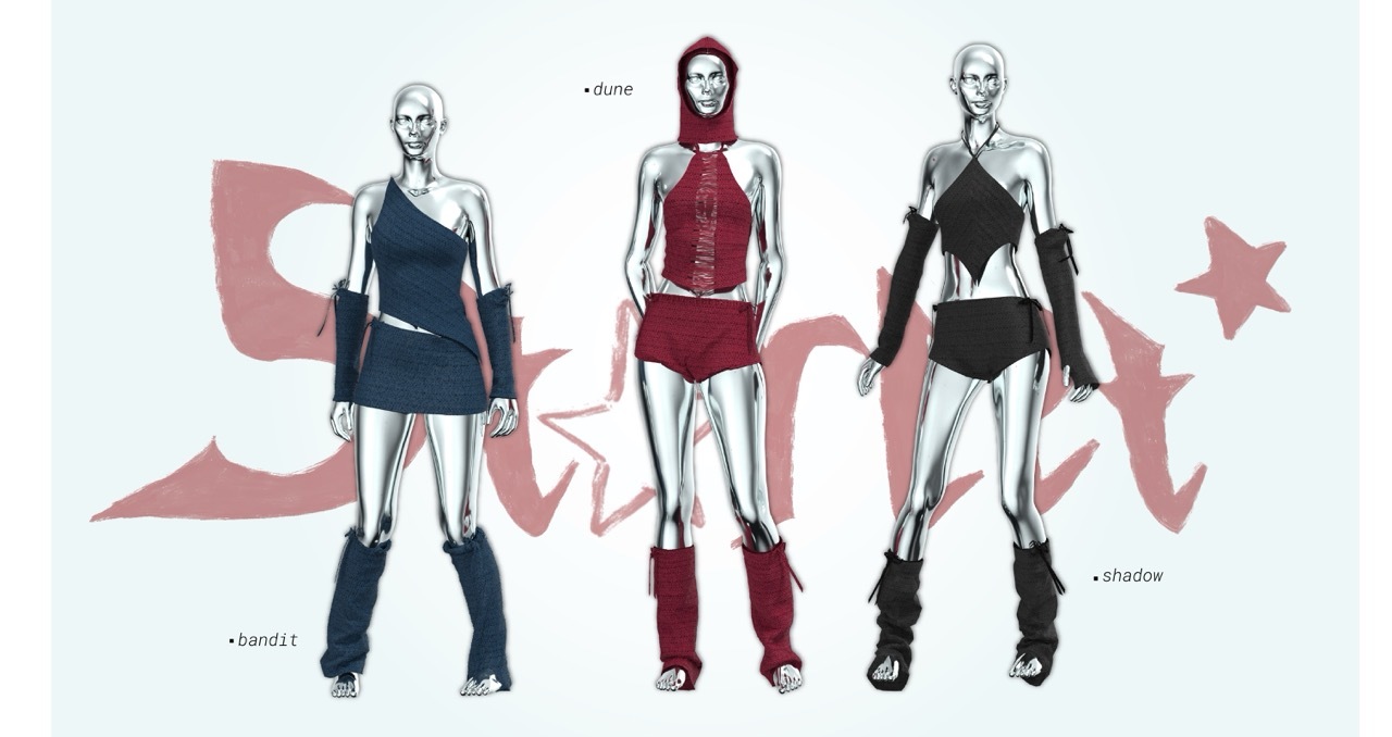 Fashion line-up with metallic mannequins and crocheted pieces, background shows faint red tex reading 'starlet'.'.